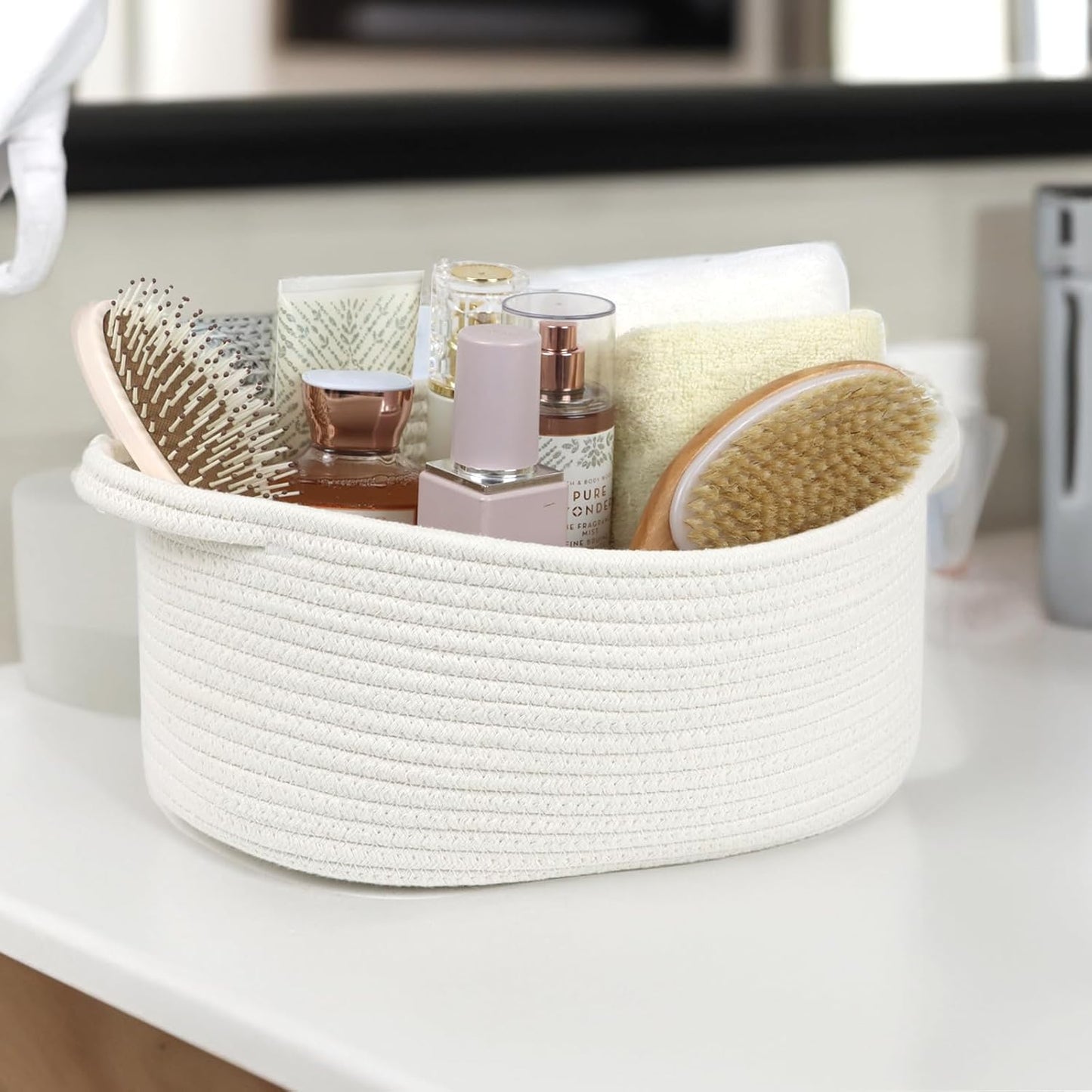 Skiennix Woven Storage Basket - Cotton Rope Boho Organizer with Handle | Small Decorative Toy Bin for Nursery