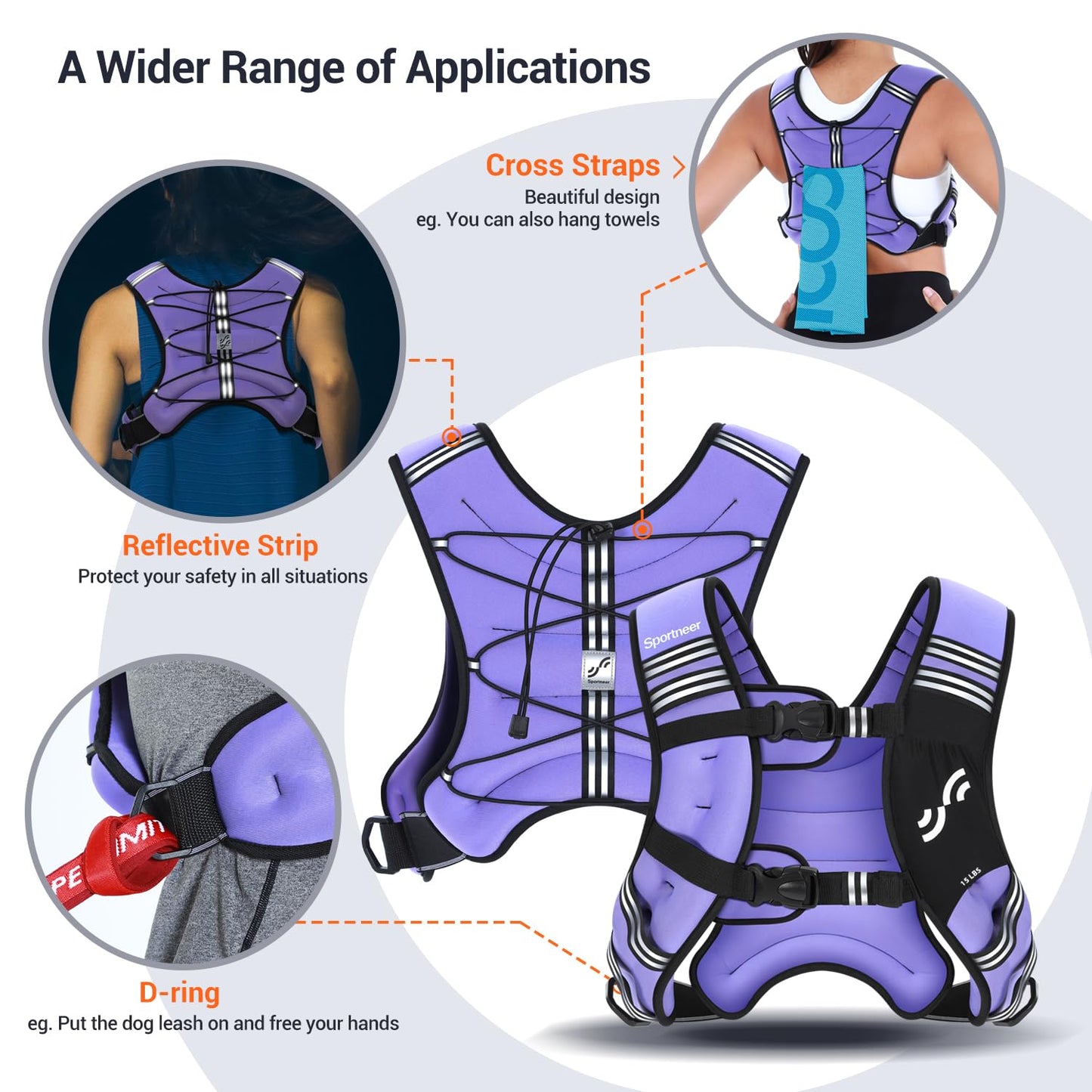 Sportneer Weighted Vest for Women Men: 15lb Comfortable Weight Vest with Storage Pocket Reflective Stripe Rucking Vest for Walking Running Strength Training Fitness Weight Loss Weightlifting Purple