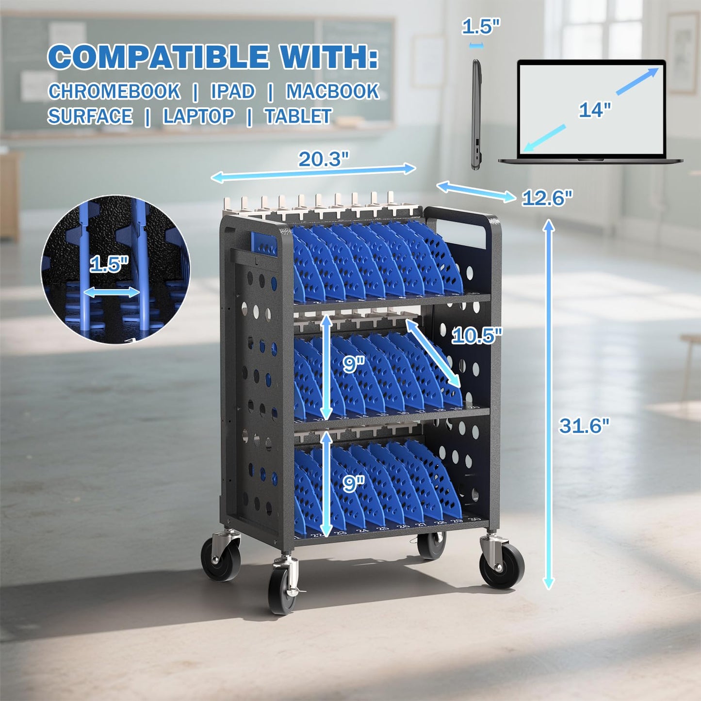 POCHAR 30 Devices Open Laptop Charging Cart for iPads, Tablets - Laptop & Tablet Storage Carts for Classroom, Office - Chromebook Charging Station Cart with Cable Management & Surge Protection