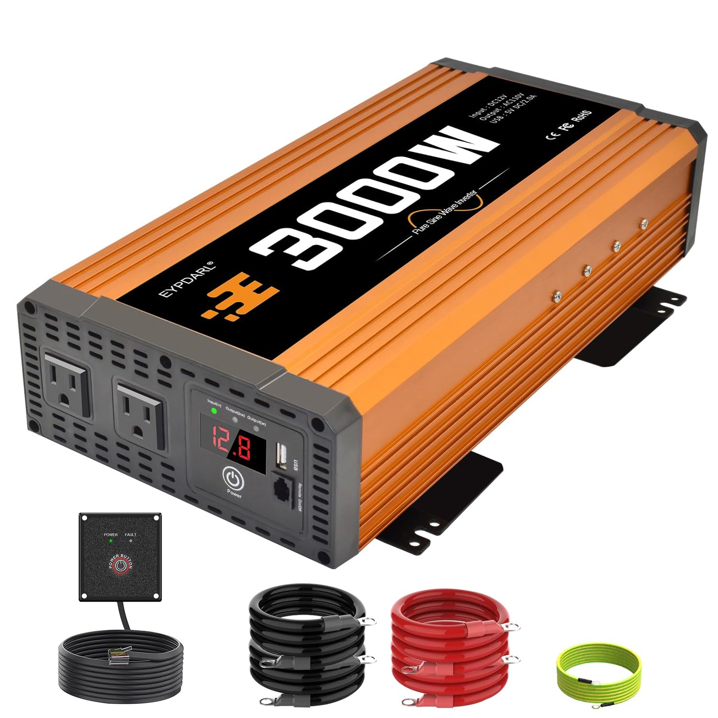 3000 watt Power Inverter Pure sine Wave 3000W 12v to 110v for car Vehicles Truck Camping Solar Panel Power Converter with Clamps and Remote car Power inverters 3000W