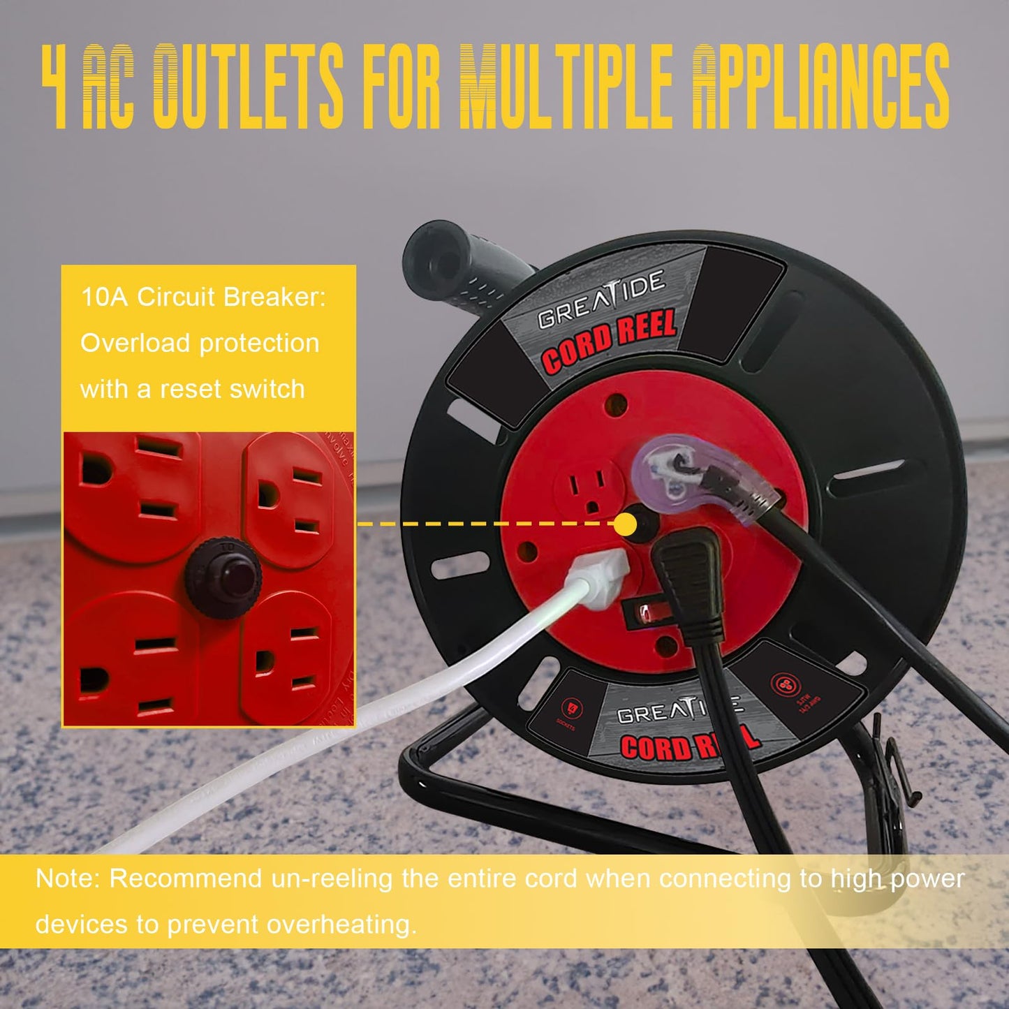 GREATIDE Heavy Duty Extension Cord Storage Reel with 4-Grounded Outlets, 10A Circuit Breaker, Retractable Hand Wind, Portable Empty Hand Crank Open Cord Reel for 12/3 14/3 16/3 Gauge Power Cord, Red