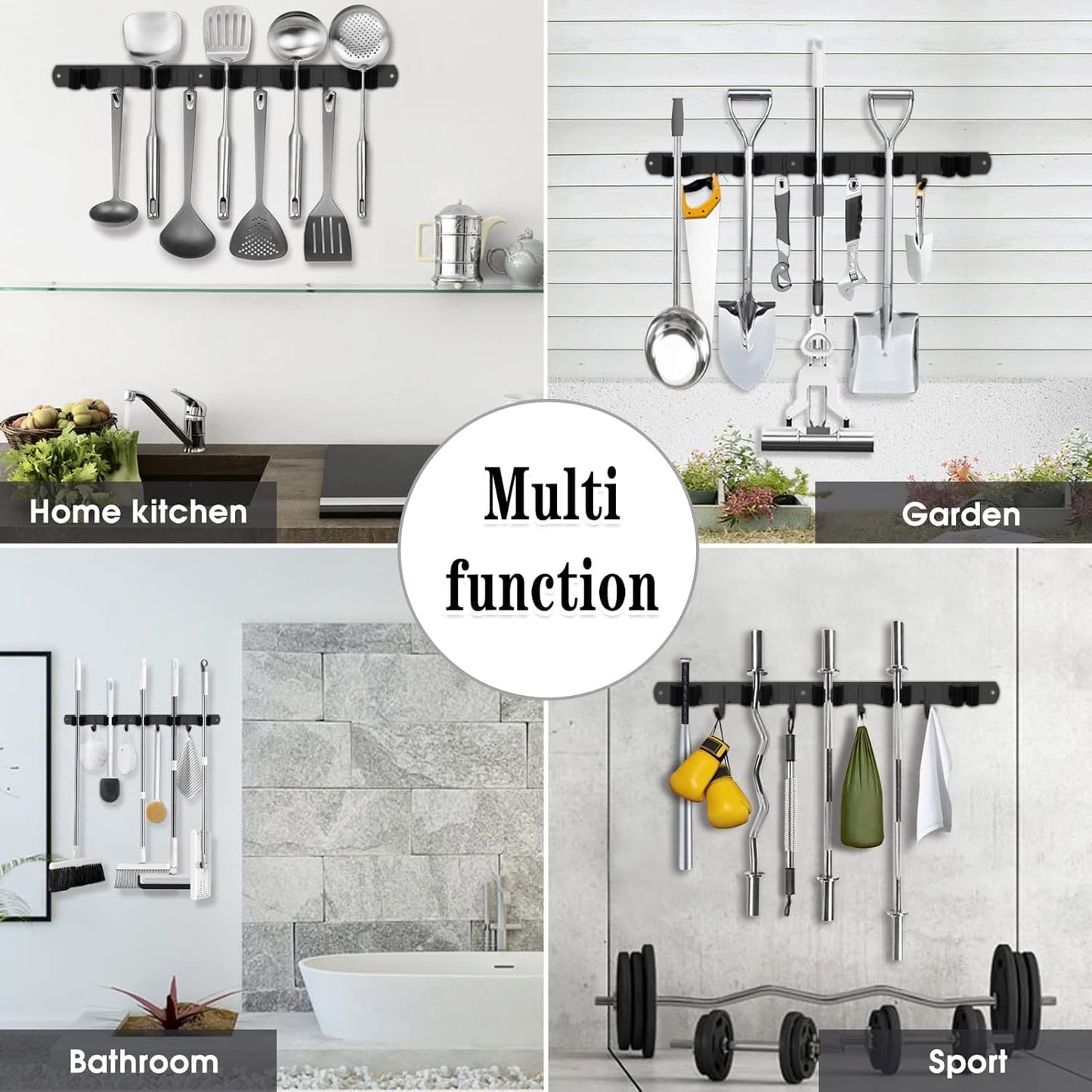 AceMining Broom Holder - 2 Pack Wall Mount Organizer with 5 Racks & 4 Heavy-Duty Hooks | Black Stainless Steel