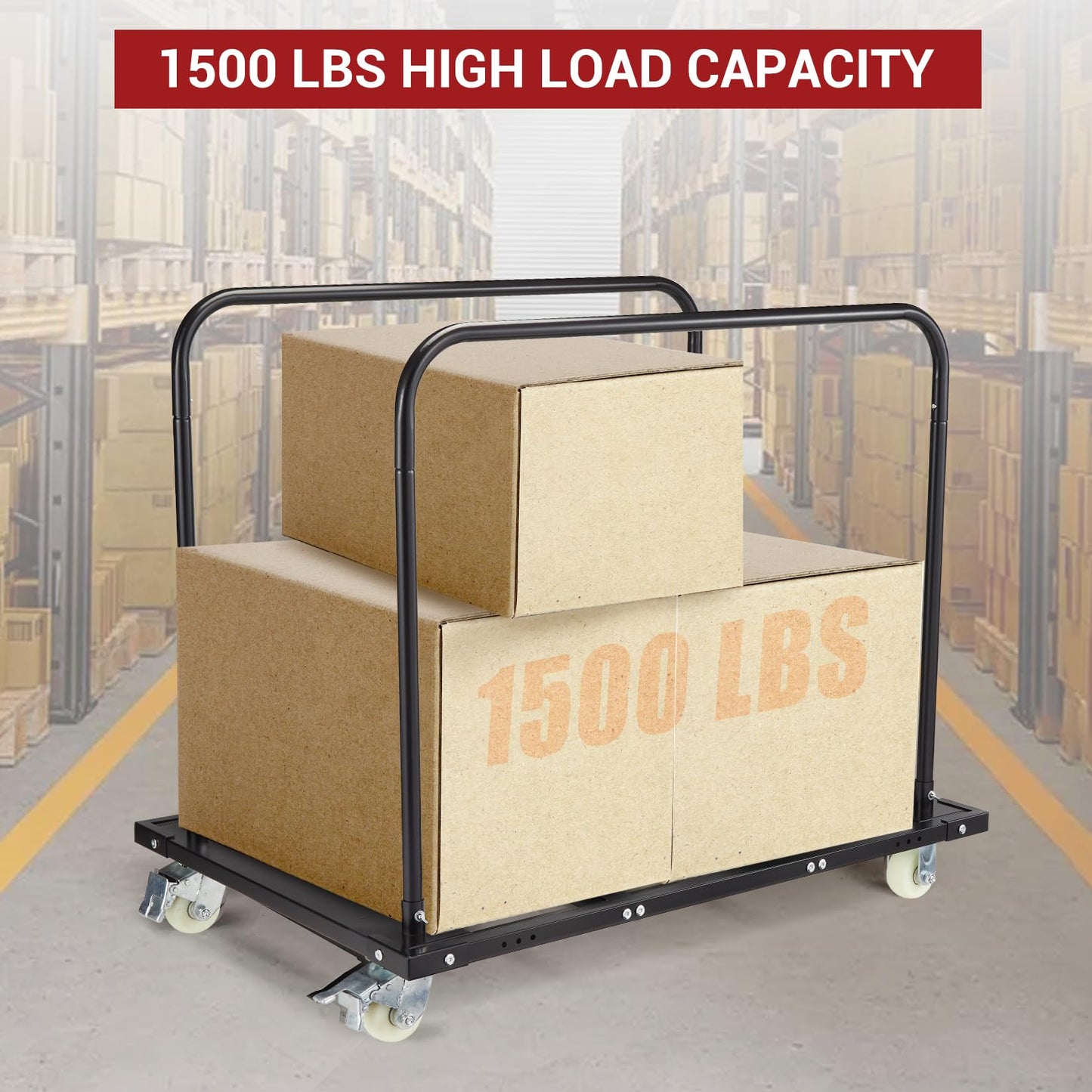 Folding Table Cart, 1500 LB Capacity, Heavy Duty Steel Table Dolly with Lockable Wheels & Dual Removable Handlebars, Portable for Events Hotels Banquets Schools, Black