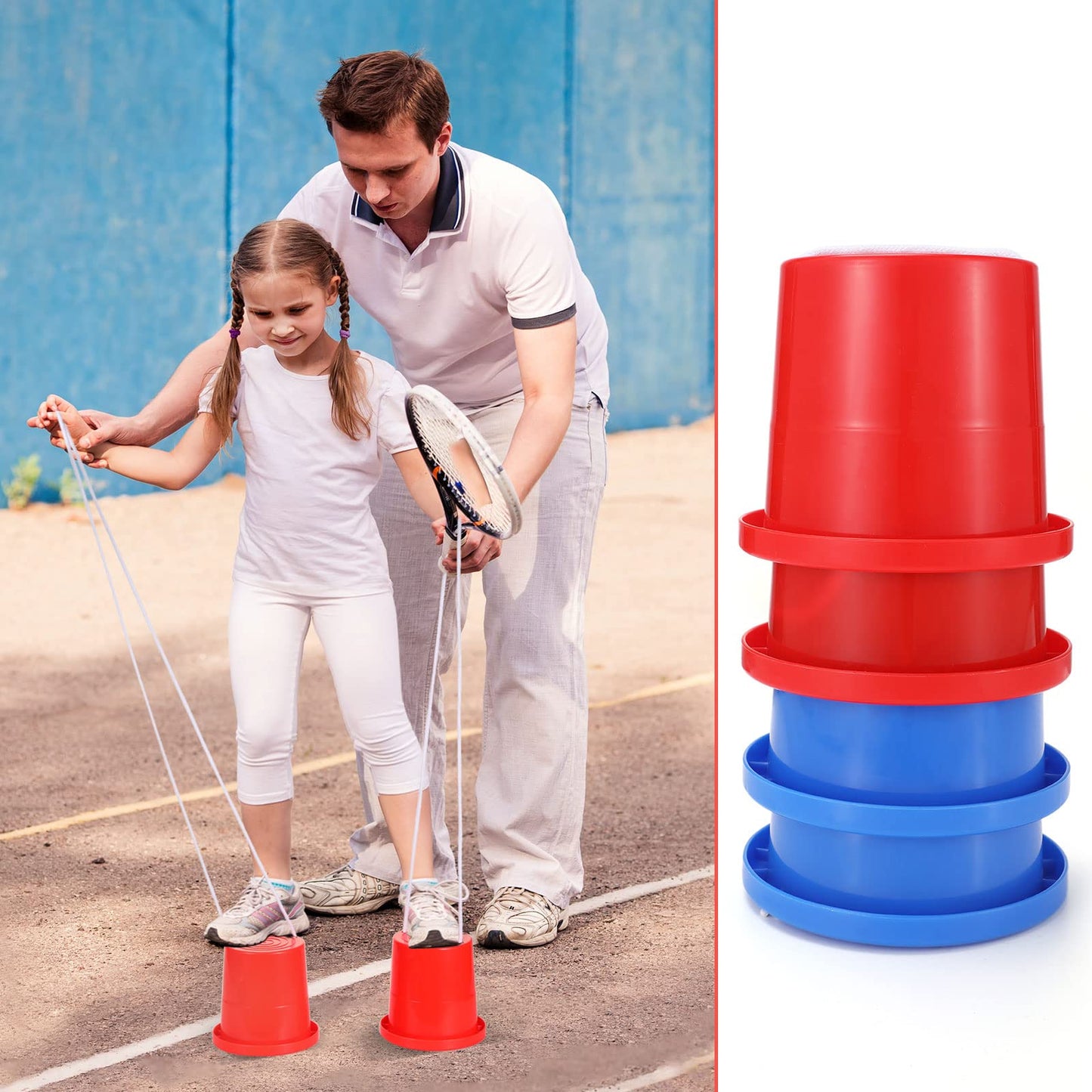 Meooeck 2 Pairs Walking Stilts Balancing Bucket Cup Thickened Plastic Stilts with Adjustable Rope for Kid Balance Coordination Birthday Playground Game Party Favor(Red, Blue)