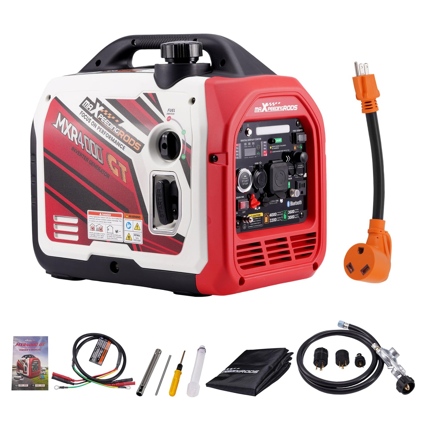 maXpeedingrods 4000 Watt Dual Fuel Inverter Generator with Bluetooth® Control Start, with RV Power Adapter Cord 15Amp to 30Amp, NEMA 5-15P to TT-30R