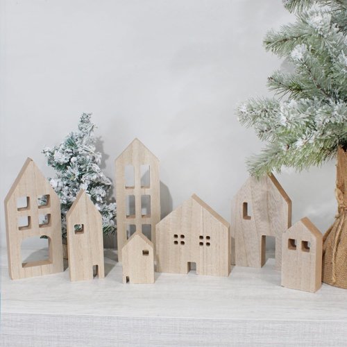 AuldHome Design Wood House Silhouettes - Set of 7 Holiday Decor Cutouts for Christmas