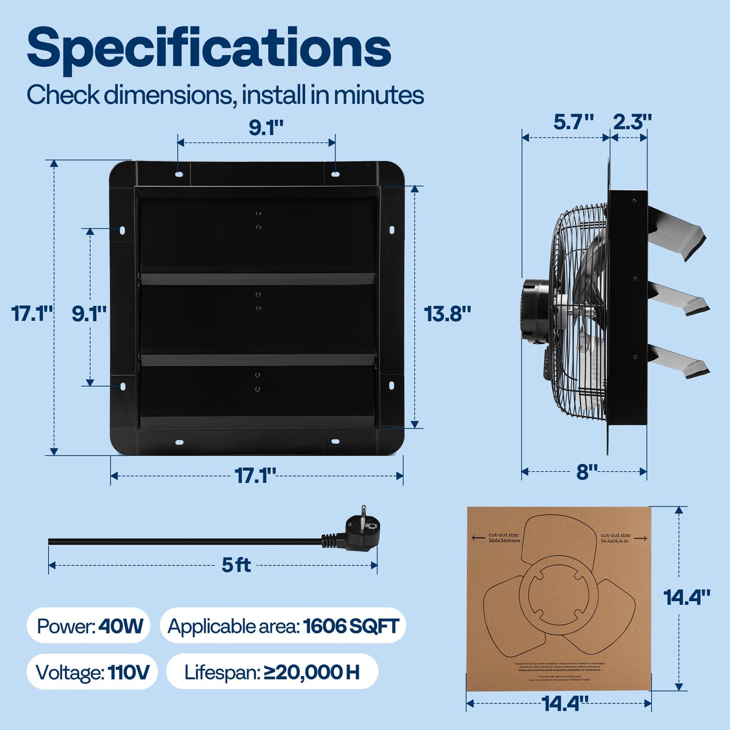 VIVOHOME 14" Shutter Exhaust Fan with EC Motor – 1700 CFM with Thermostat, Variable Speed, Timer, Wall-Mounted for Attic, Garage, Greenhouse, Chicken Coop, Barn Ventilation
