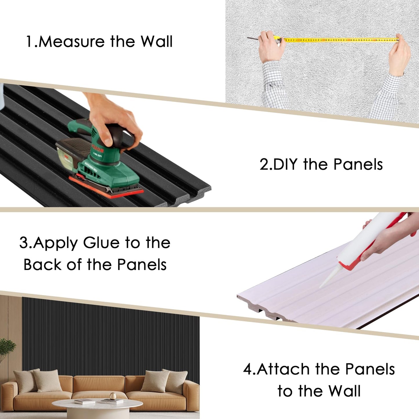 Artbrix 8-Pack 3D Slat Wall Panels — Soundproof Faux Wood Wall Panels for Interior Décor, 47.2" x 6.3", Modern Cladding for Living Room, Bedroom, Office — Black Finish
