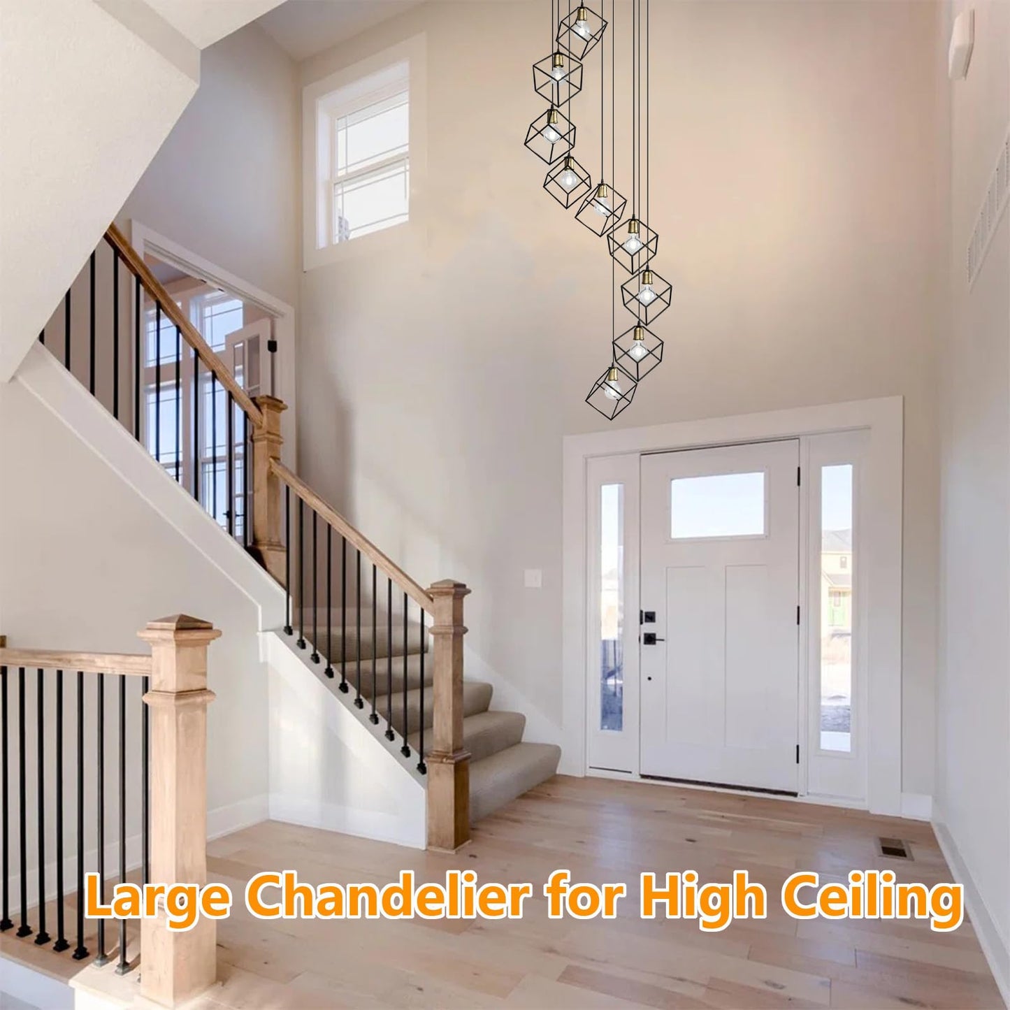 vivihobb 9 Light Large Modern Large Foyer Chandelier,Black Metal Cage,134" Long Light Fixture for High Ceilings Entryway Foyer Staircase,LED Bulbs Included