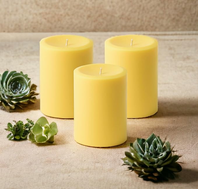 Mister Candle Dripless Unscented Pillar Candles, Set of 3 Hand Poured Solid Color Non-Scented Candles for Home Decor, Premium Wax, 60 Hr Burn Time - 3x4 Inch, Yellow