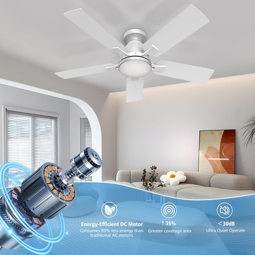 AIKVSXER Ceiling Fans with Lights,42" Low Profile Ceiling Fan with Lights and Remote,Reversible,3CCT, Dimmable,Noiseless,White Ceiling Fan for Bedroom,Living Room,Hallway