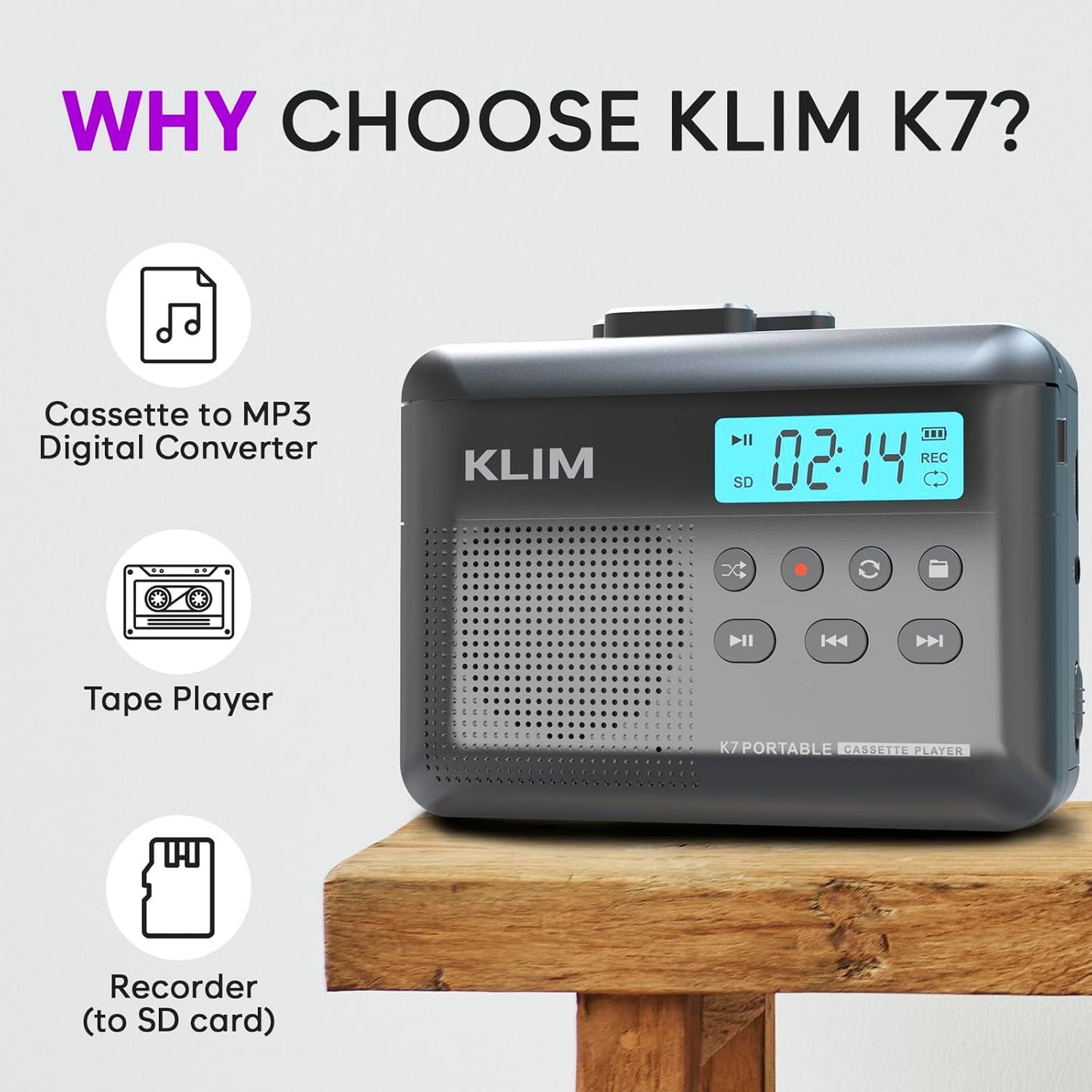 KLIM K7 Cassette Cassette MP3 16GB Tape Player - to Converter - Portable - Built-in Microphone & Speaker - Rechargeable