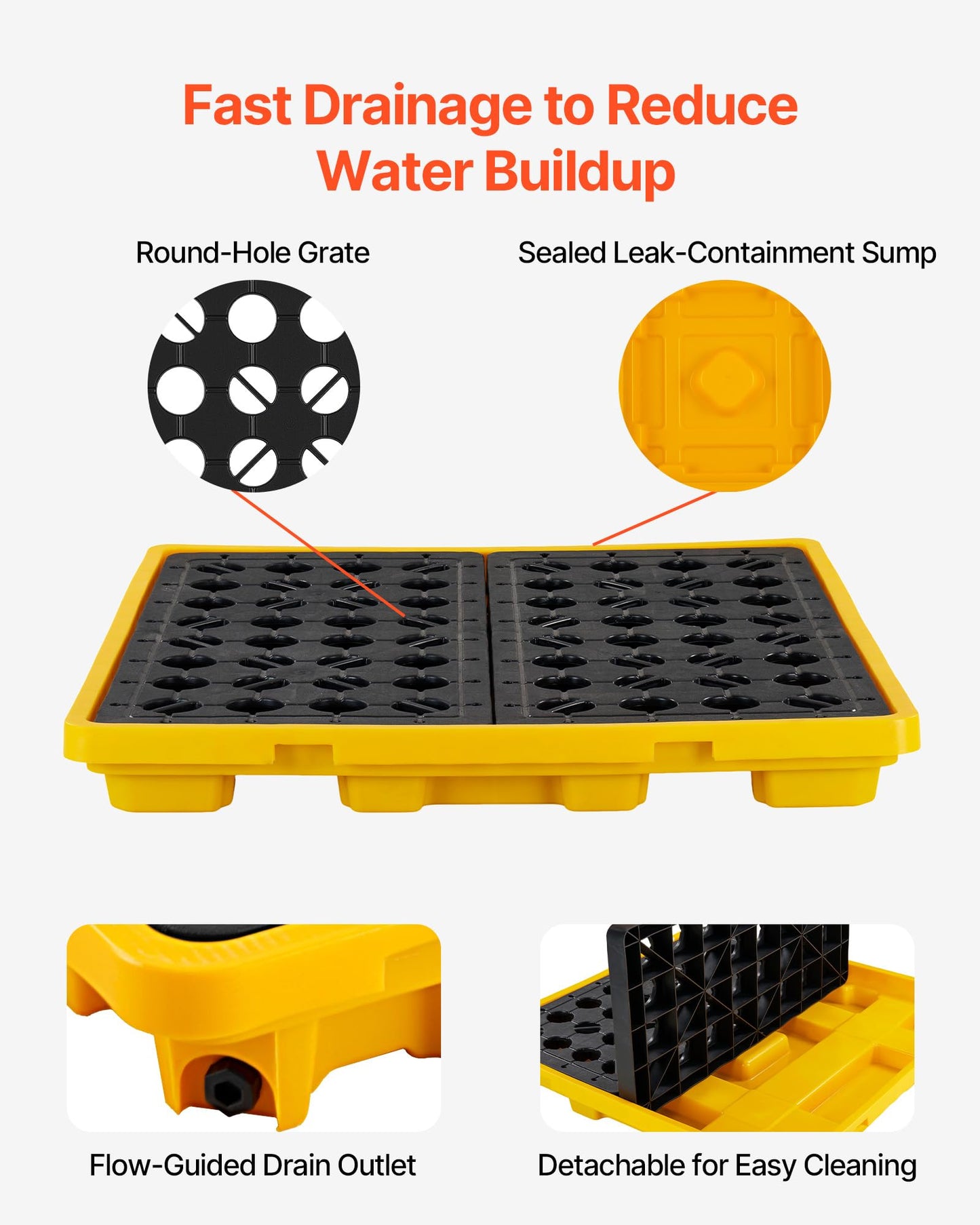 VEVOR Spill Containment Pallet, 4 Drum Low Profile Spill Containment Modular Platform, 31 Gallon Sump, 8818 lbs Load Capacity, Heavy-Duty Polyethylene Tray with Drain, 51.4" x 50.4" x 5.9", Yellow