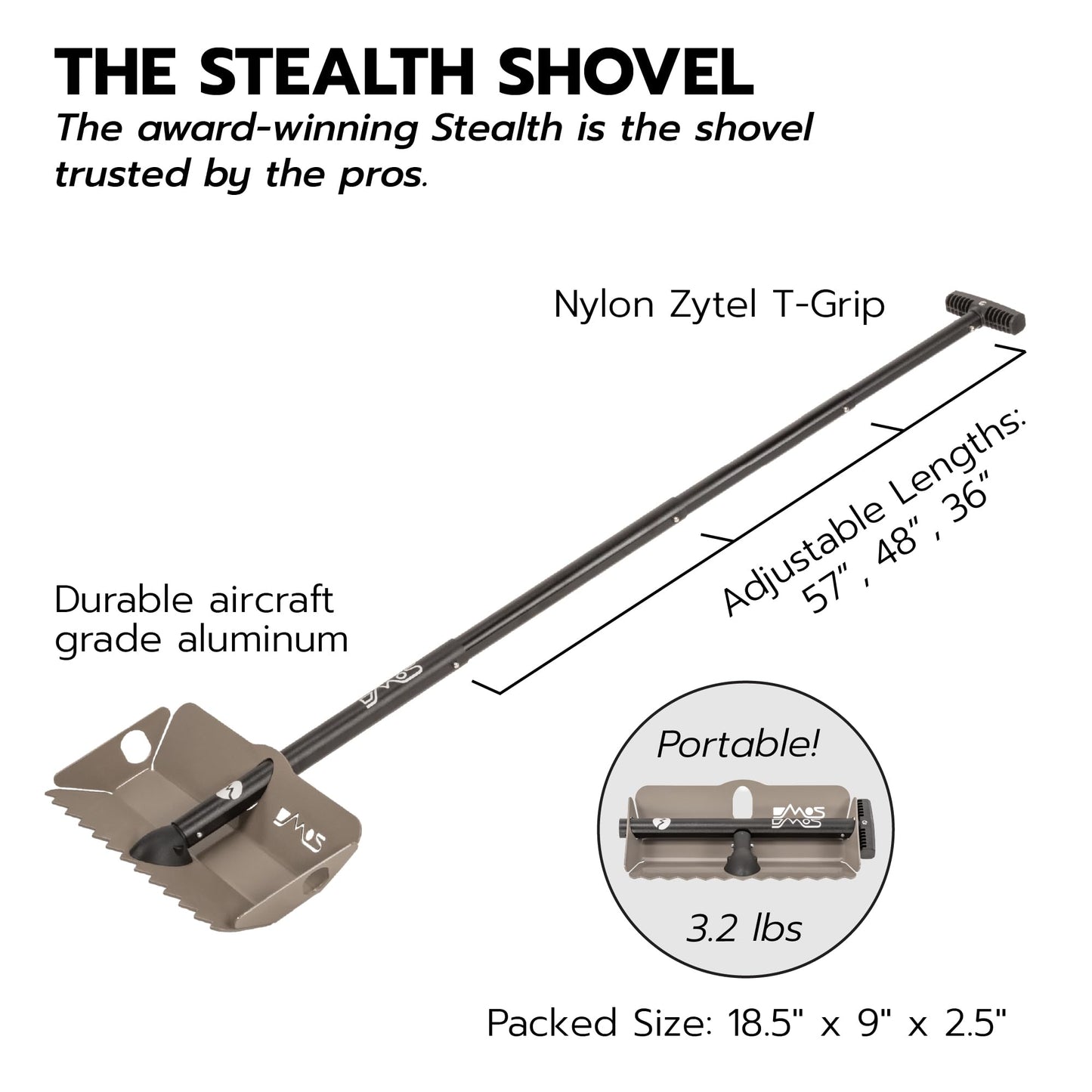 DMOS Stealth Shovel - Lightweight, Heavy-Duty Aluminum Sand & Snow Shovel with Extendable & Collapsible Handle for Camping, Overlanding, Survival, & Off-Road Use - Flat Dark Earth - Regular