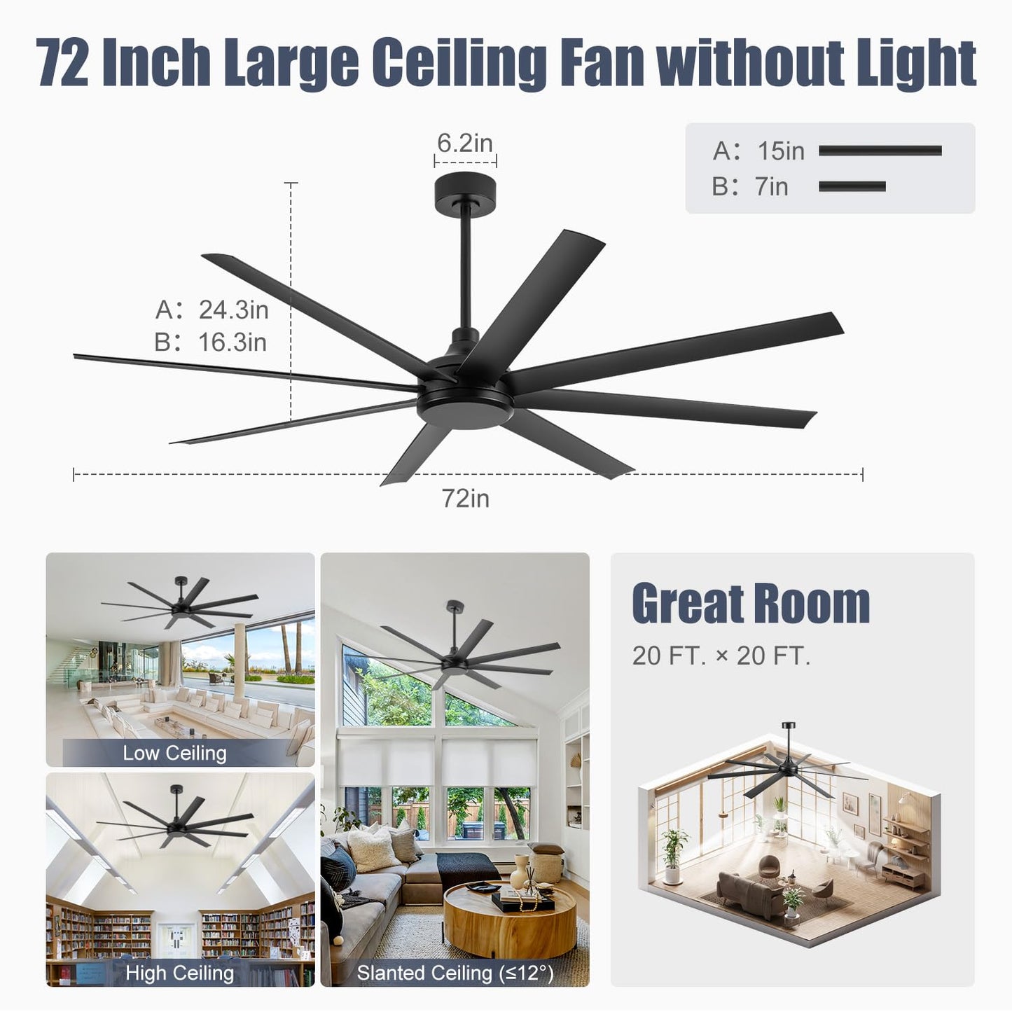 72 Inch Ceiling Fan No Light, Modern Ceiling Fan with Remote Control, Quite DC Motor 8 Reversible Blades Indoor Outdoor Industrial Ceiling Fan without Light For Living Room Bedroom Patio Garage-Black
