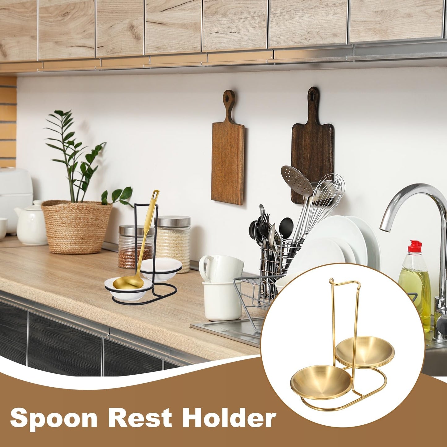uxcell Spoon Rest Holder, 8.5x4.3x8.5 Inch Stainless Steel Upright Ladle Rack Set with Double Round Stainless Steel Bowl, Portable Upright Spoons Rest for Home Kitchen Counter, Gold