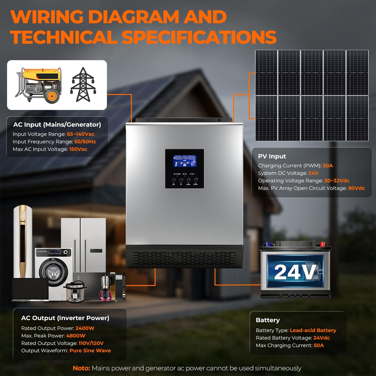 AuraSolar Hybrid Solar Inverter, 2400W 24V DC to 120V AC Pure Sine Wave Power Inverter, Built-in 50A Solar Charge Controller with LCD Display, for Off-Grid Home Backup RV, AGM/Gel/FLD/Lead-Acid