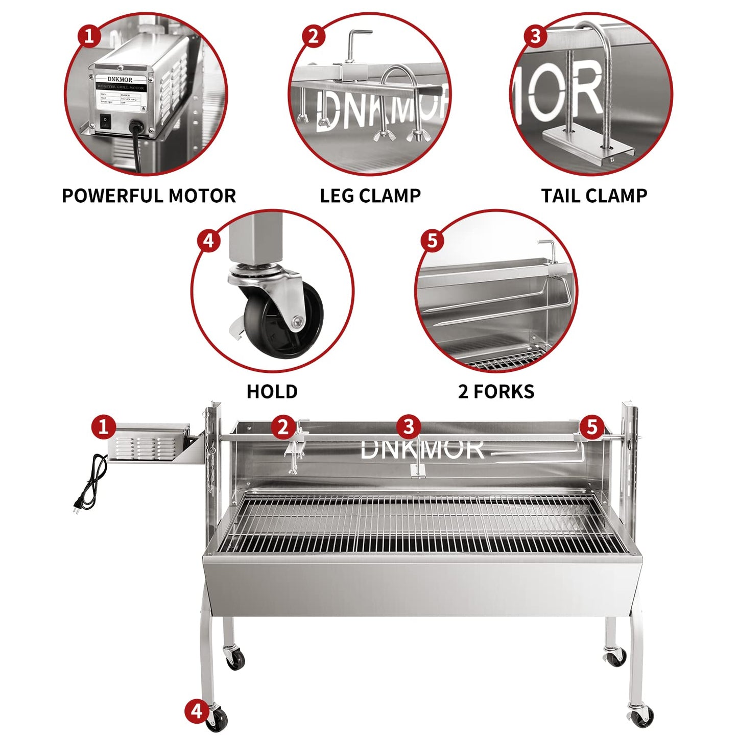 Rotisserie Grill Stainless Steel Charcoal Spit Roaster, 50" Pig Lamb Hooded Roaster Charcoal Spit with 30W Motor & Adjustable Height Lockable Casters for Outdoor Camping Party, Rated 150 LB