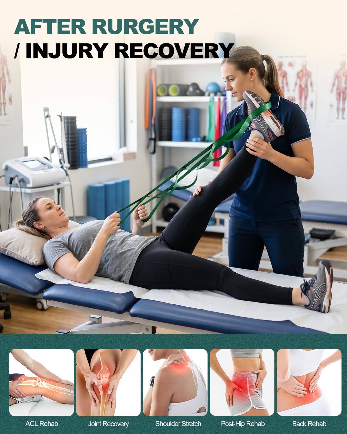 Trideer Non-Elastic Stretching Strap with Loops for Physical Therapy & Rehab, Knee Hip Leg ROM Post-Surgery, Yoga Strap for Stretching, Leg Lifter Strap Mobility Aid, Hamstring Calf Back