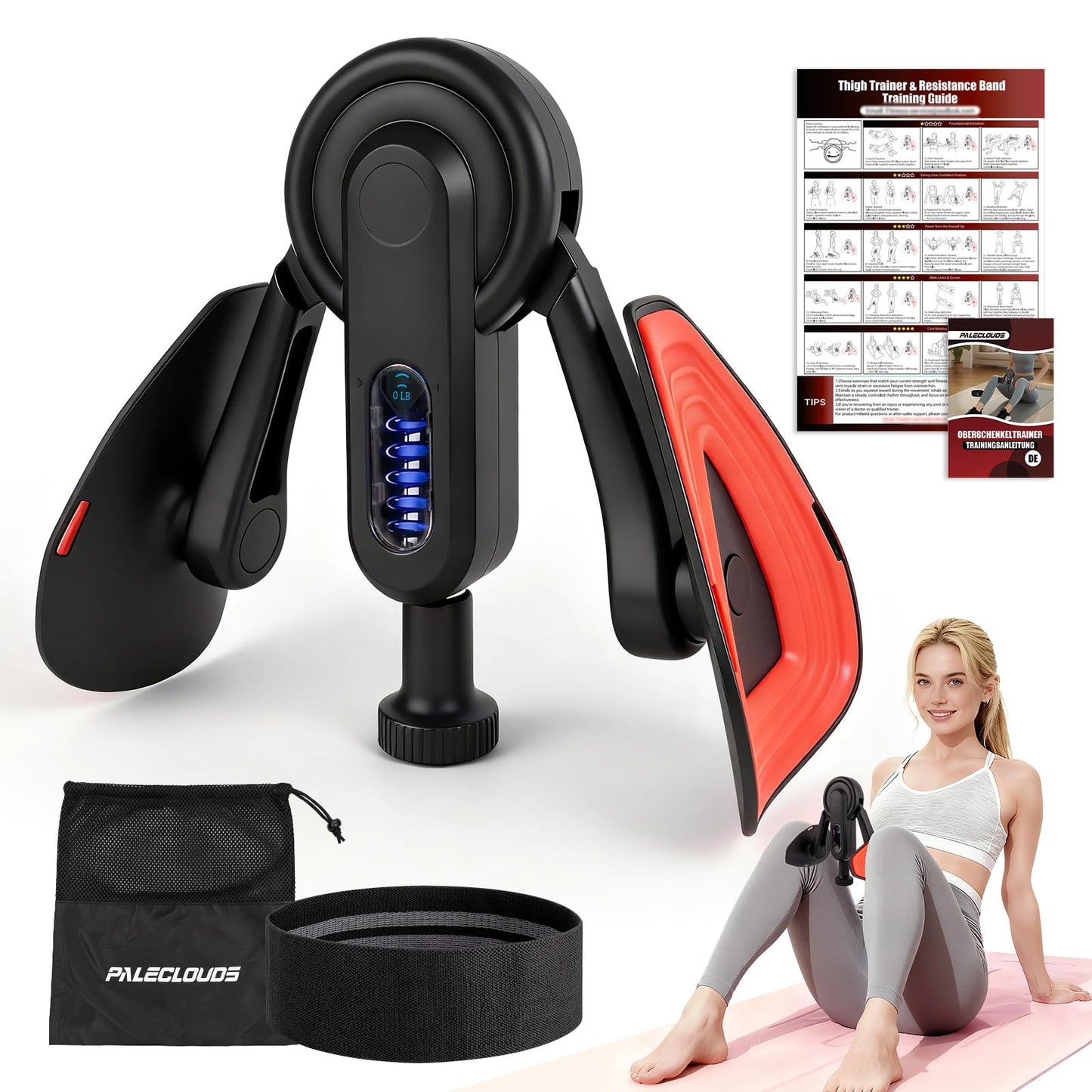 Thigh Trainer for Women, 10-100lb Adjustable Resistance Inner Thigh Exerciser with Leg Band & Poster for Kegel Exercise, Pelvic Floor Trainer for Postpartum Rehabilitation Home Gym