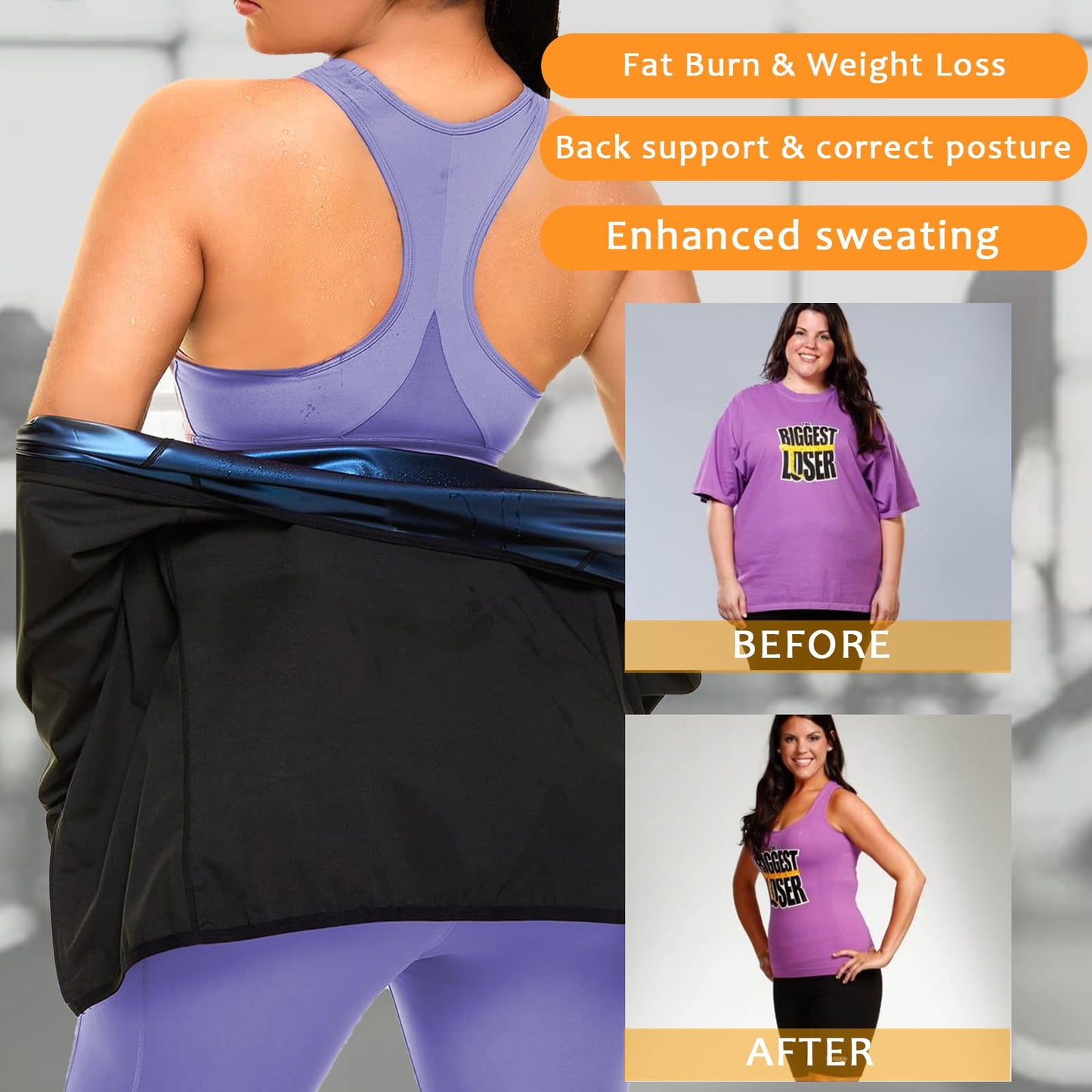 BXVX Sauna Suit Women Weight Loss Sauna Shirt for Women Sweat Suit Waist Trainer Vest Fitness Body Shaper Zipper L
