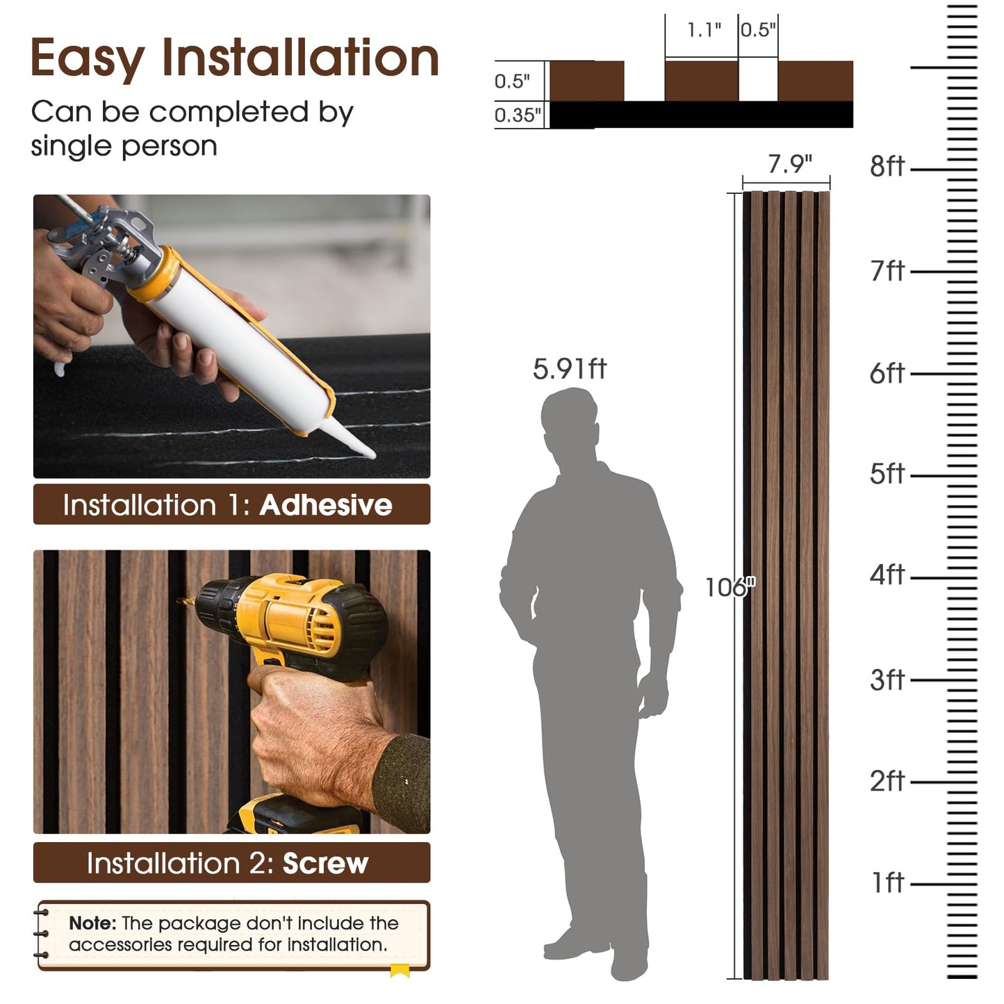 LARWORKS Wood Slat Wall Panels 4 Pack 94.5" x 7.9", Acoustic Wooden Panel for Wall, Soundproof 3D Fluted Panels for Interior Wall Decor, Living Room, Bedroom - Walnut (Cover Approx.21 sq.ft)