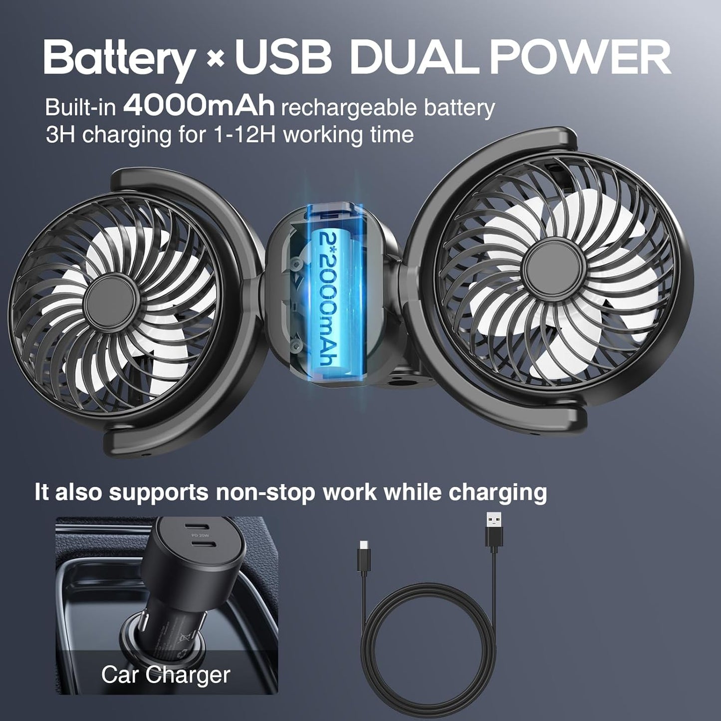 3 360 Dealswin Rechargeable Car Fan for Backseat Kids Baby, Battery and USB Dual Power Car Fans, Powerful Speeds
