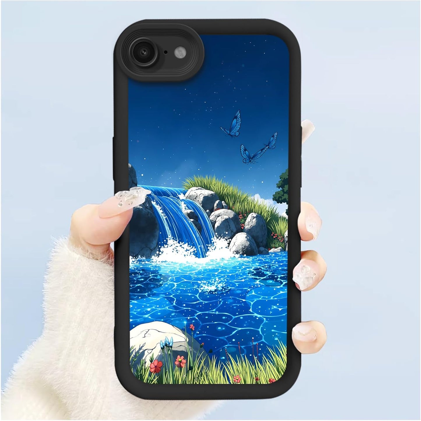 Branwen 16E 6.1 inch for iPhone Case Blue Waterfall Butterfly Soft Touch Step Design, Sparkling Water, Vivid Hues