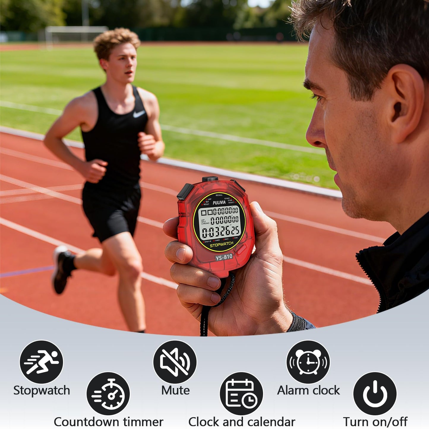 PULIVIA Stopwatch Timer 10 Splits/Laps Digital Stop Watch for Sports, Countdown Alarm Clock Date Memory Recall Large Display, Stopwatch for Coaches PE-Teacher Referee (red, 10 Splits/laps)