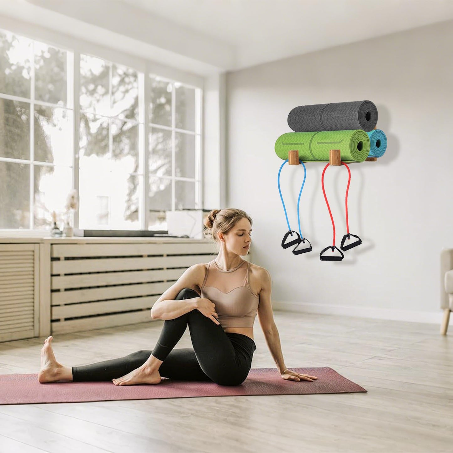 Yoga Mat Holder Wall Mount Yoga Mat Storage Rack,Wall Shelf Organizer, Foam Roller Wall Hooks, Hold 3 yoga mats, Fitness Gear Organizer By Wood