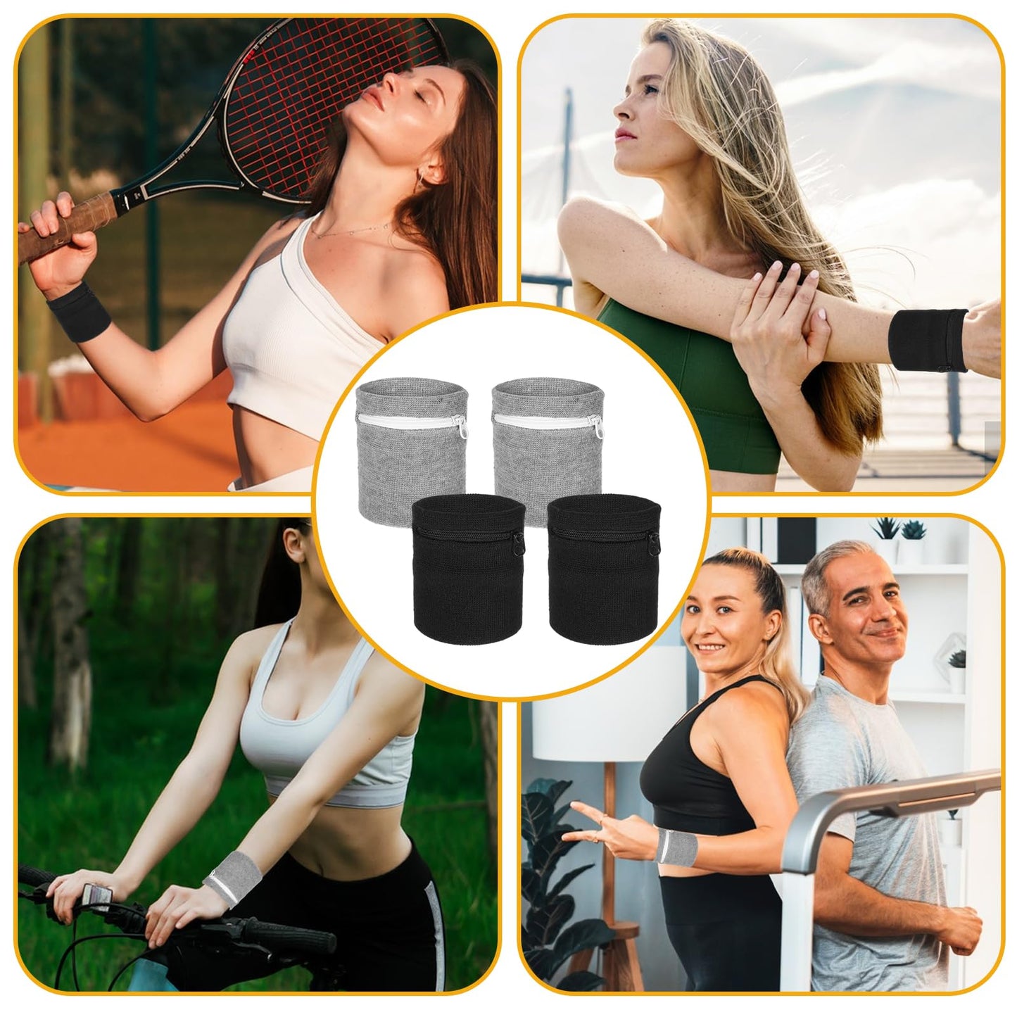 4Pcs Wrist Wallet, Mabor Wrist Sweat Bands with Zipper Light Pocket Sports Absorb Sweat Wristbands for Women Men Gym Sports Running Walking for Storage Key Card Cash