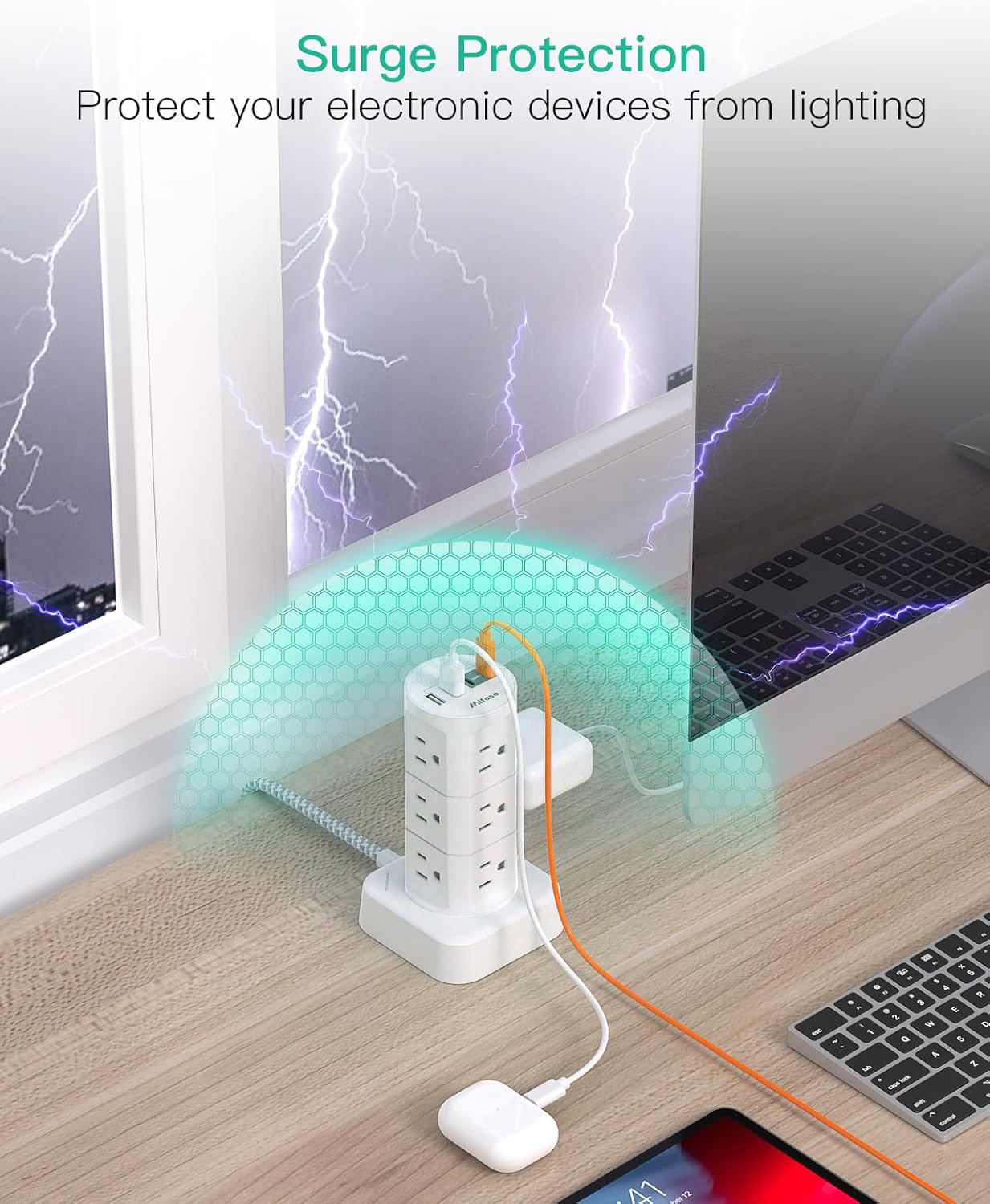 Mifaso PD20W 12 4 1080J 6Ft Power Strip Tower, Charging Station Desk Accessories, Flat Plug, Outlets USB Ports, Surge