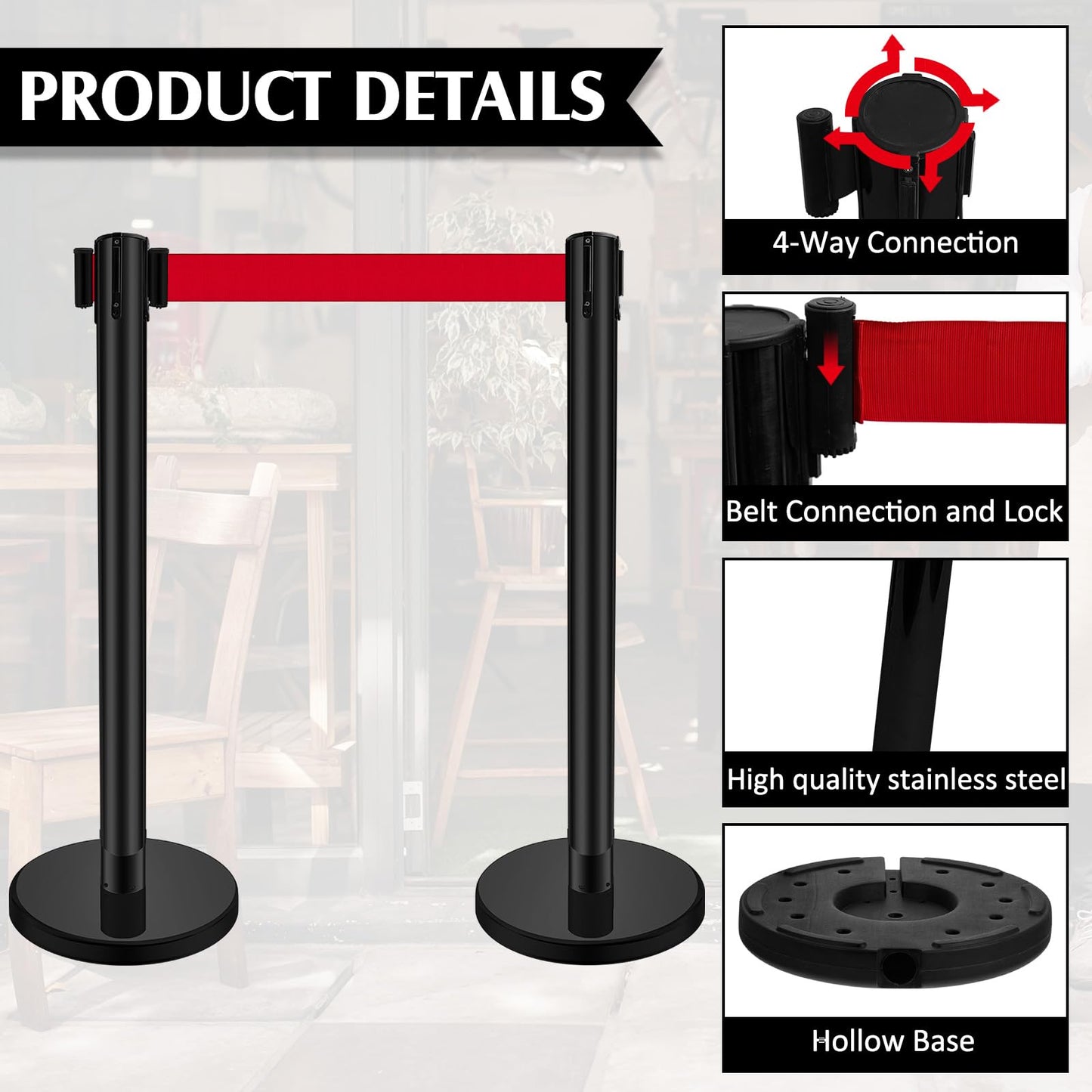 Ferraycle 4 Sets Stanchions with Retractable Belts in 6.6 ft Stainless Steel Crowd Control Stanchion Retractable Belt Barrier Line Dividers for Crowds Queue Line Pole, Easy Assembly (Red Belt)