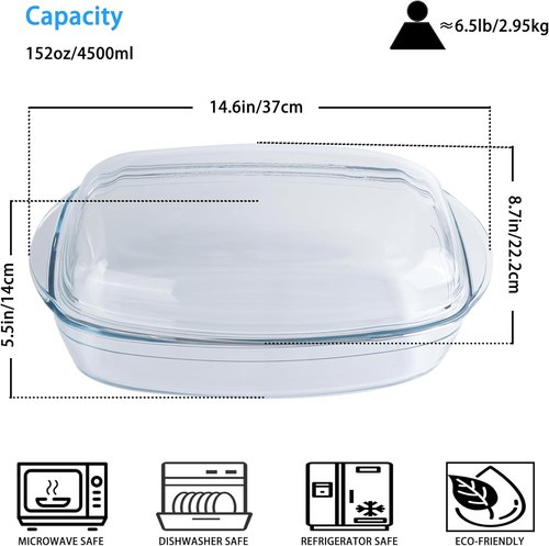 Large Casserole Dish With Lid - 4.7qt Clear Oval Glass Baking Dish for Oven Cooking & Serving