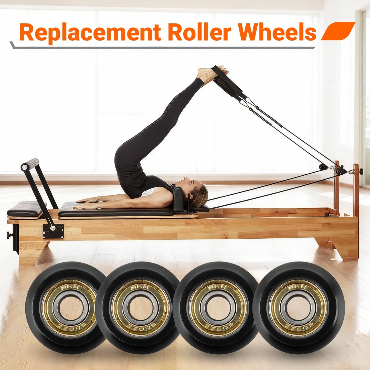 4 Pack Replacement Roller Wheels Compatible with Pilates Reformer, High-Precision Sealed Bearing Wheels for Smooth & Quiet Glide, Black Pilates Reformer Parts, 32mm Diameter 8mm Shaft