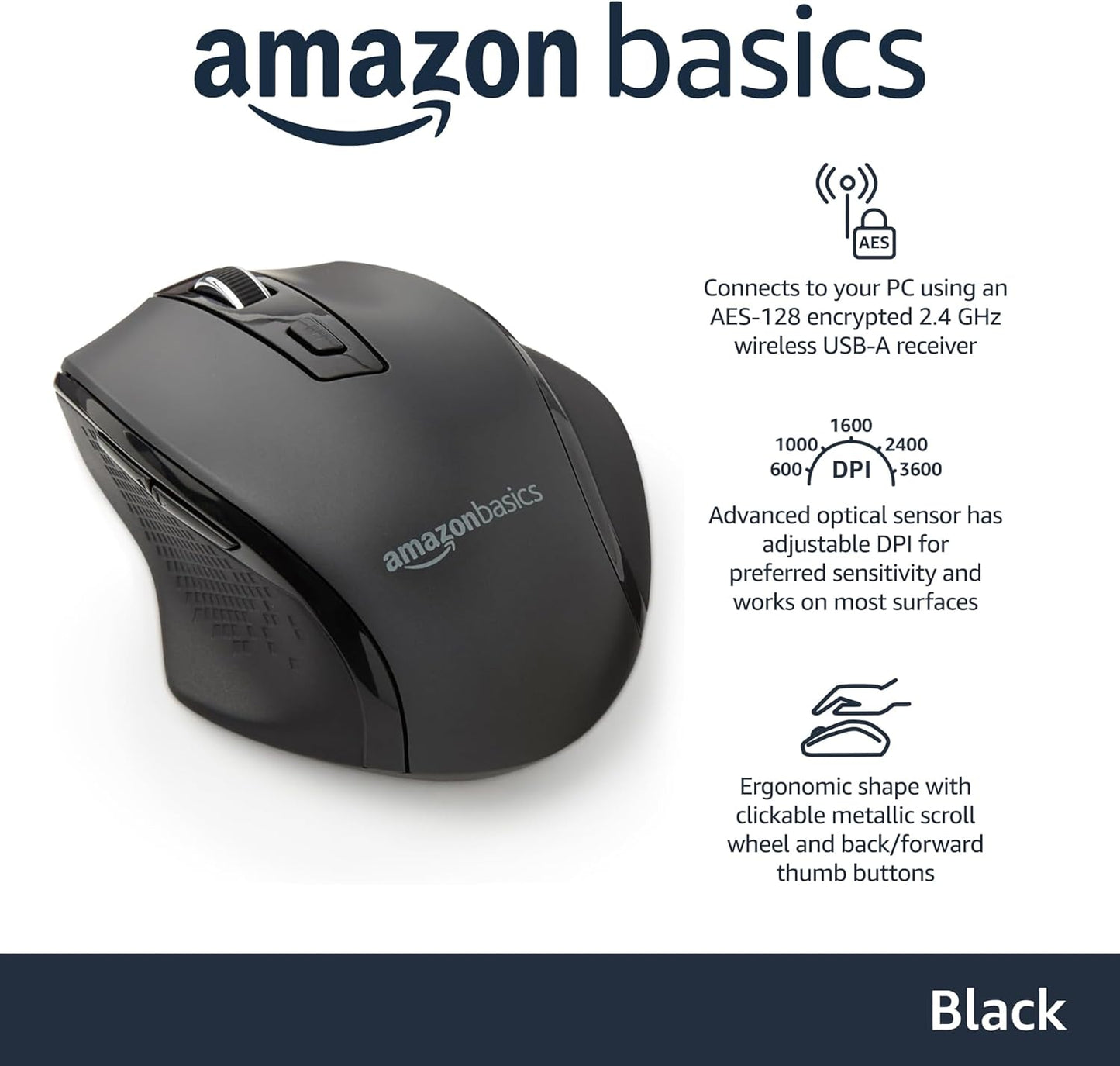Amazon Basics 2.4 Portable Wireless Computer Mouse, Ergonomic, GHz Optical, DPI Adjustable, Easy to Use, Compatible