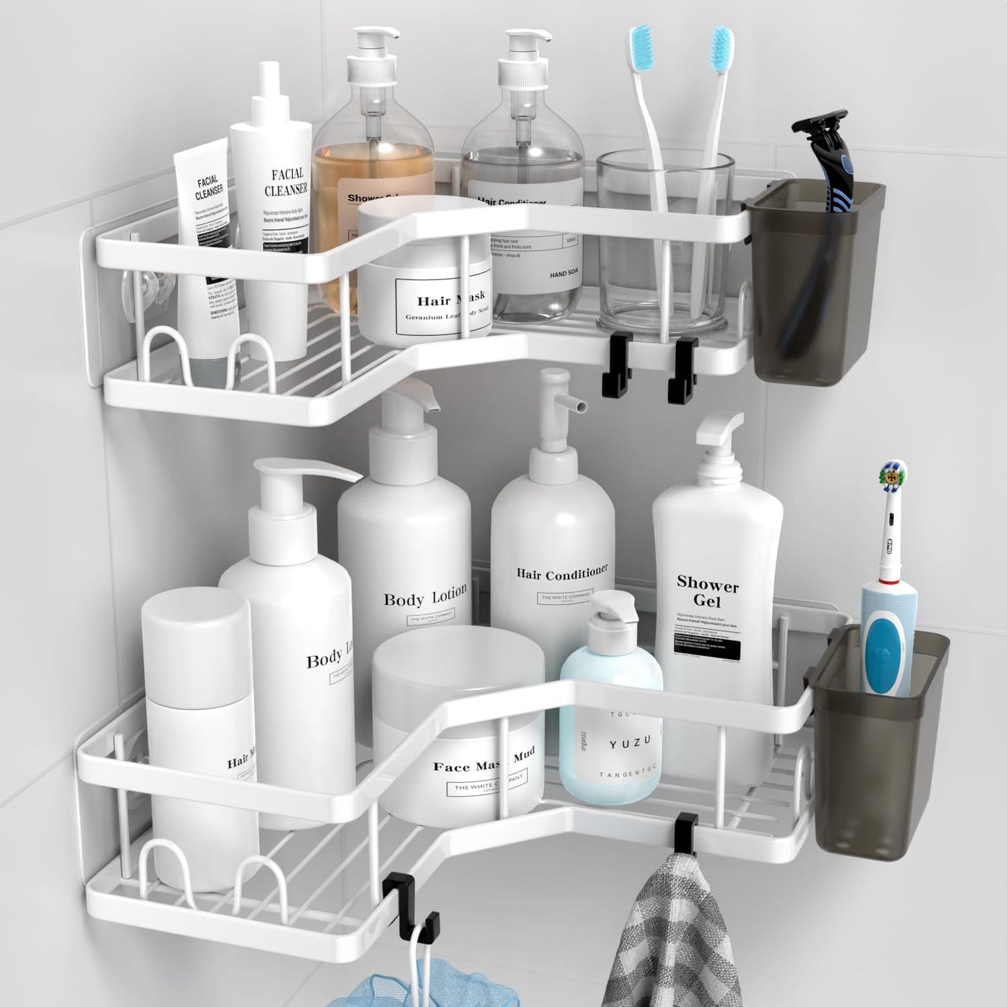**AKTECKE Shower Caddy | 2-Pack Corner Organizer Shelf - No-Drill Stainless Steel Bathroom Storage with Hooks**