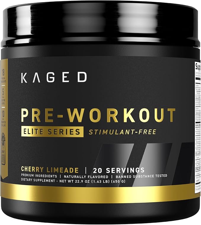 Kaged Pre Workout Elite Stim Free Powder | Cherry Limeade | Pre-Workout with Creatine, Beta Alanine, L-Citrulline, BCAAs | Caffeine Free | Pre Supplements for Men & Women | 20 Servings