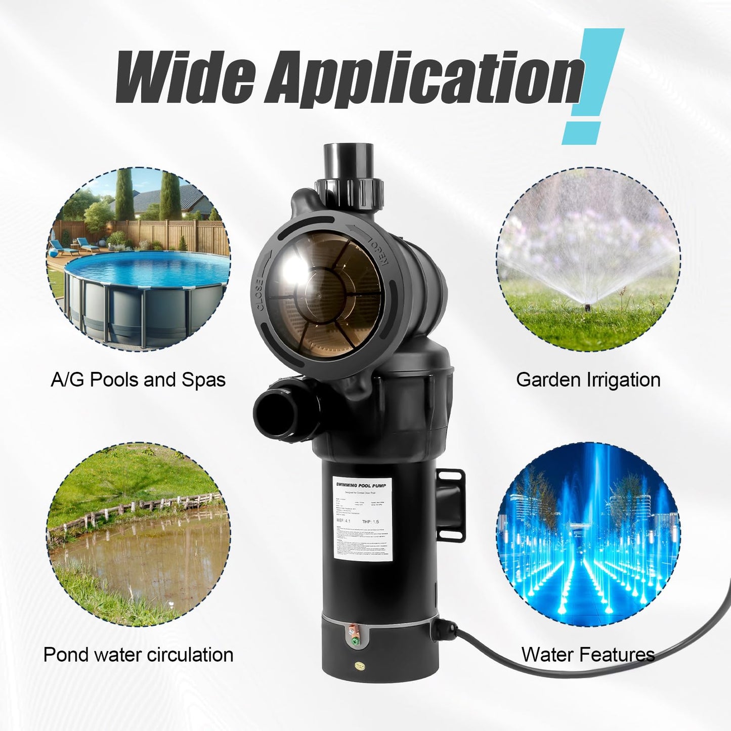 DoE-Compliant CEC approved 1.5HP 115v 4920GPH Above Ground Pool Pump with On/Off Switch and Reversible Discharge Port