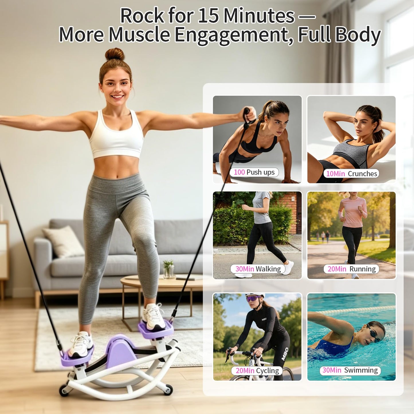 Flexella Rock Stepper, Side to Side Rocking Stepper Exercise Machine for Balance at Home, Low-Impact Lateral Stair Stepper with Resistance Bands & Digital Counter, 250 LBS Weight Capacity (Purple)