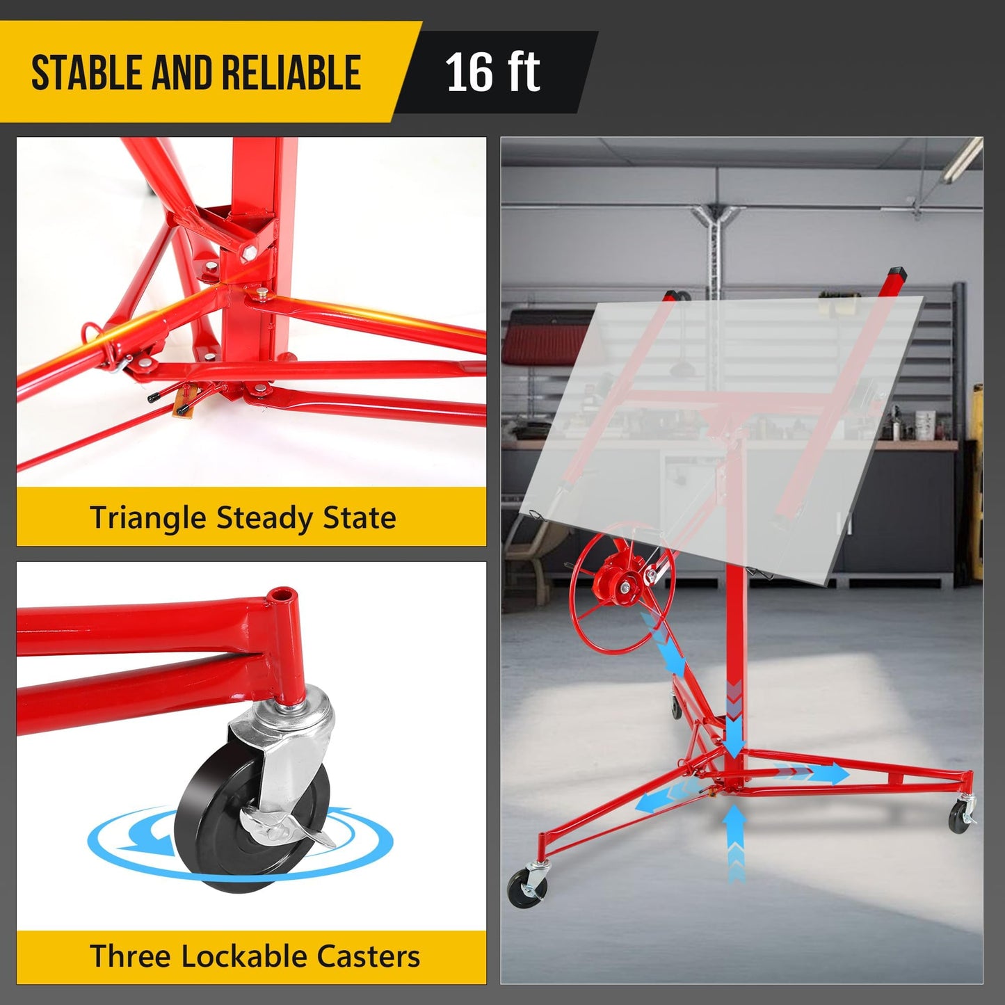 6.2FT to 16FT Adjustable Drywall Hoist – 150LB Capacity Sheetrock Lift with 360° Rotation & 60° Tilt, Heavy Duty Rolling Jack for Ceiling and Wall Installation – Ideal for Contractors