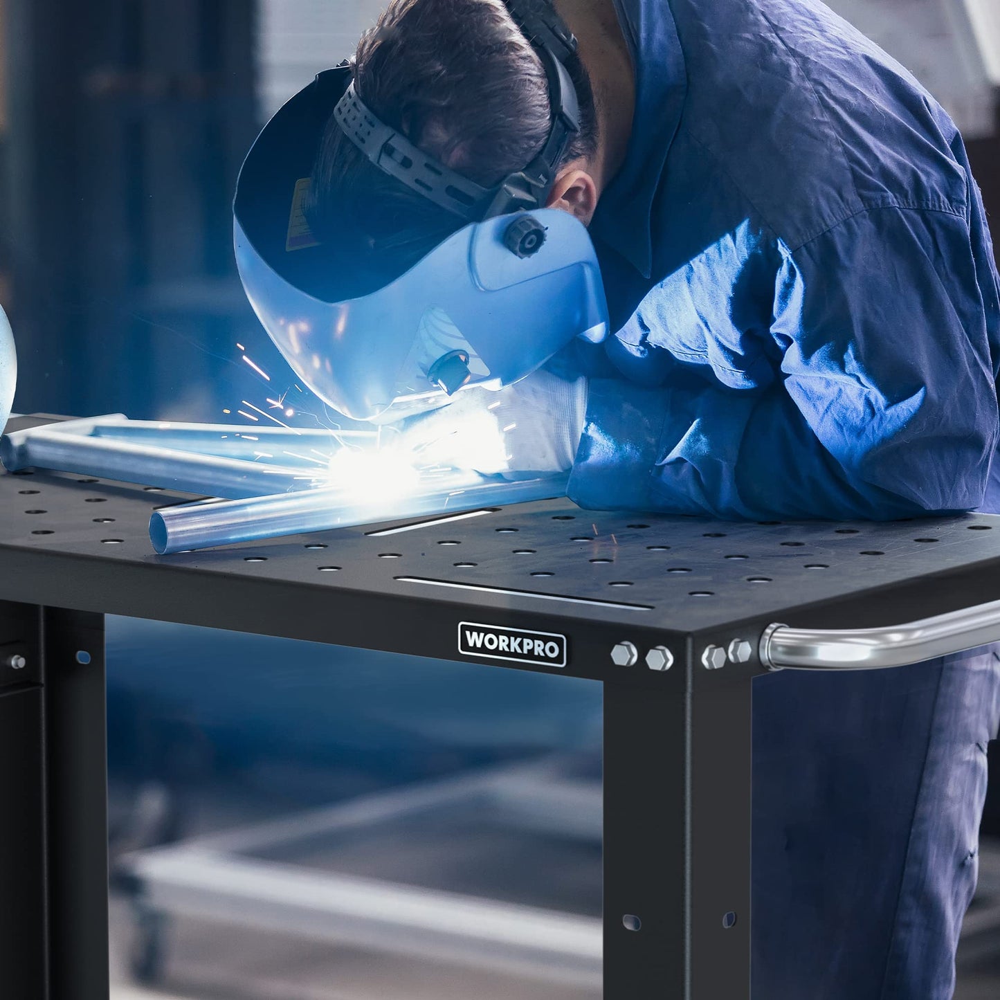 WORKPRO 36”×18” Welding Table, 1200 lbs Load Capacity, Nitriding Tabletop, Portable Welding Table with 5/8" Holes on Top, Welding Cart, Casters with Brakes