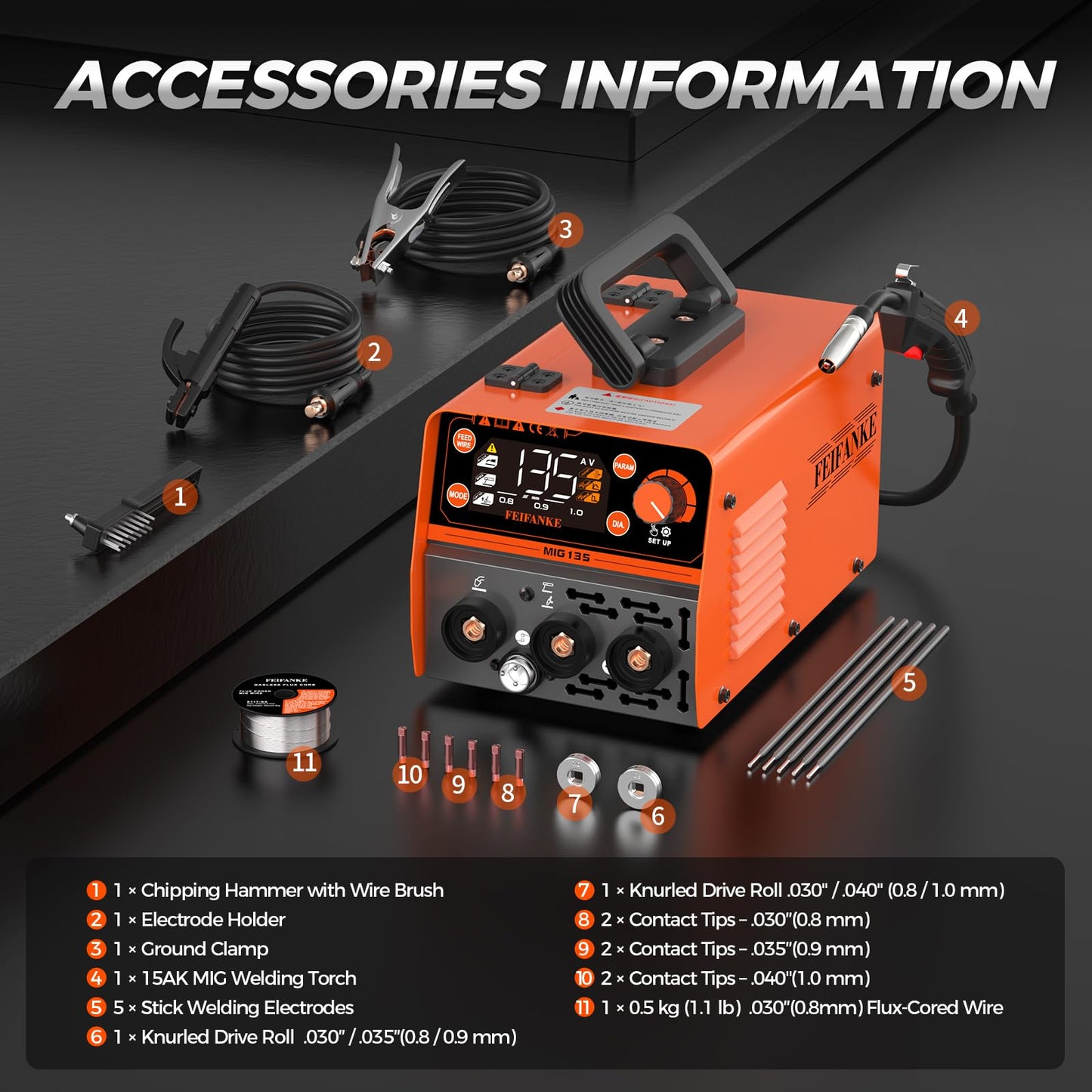 FEIFANKE 135A Flux Core MIG Welder 110V, 4-in-1 Synergic Gasless MIG/Stainless Flux MIG/Stick/Lift TIG for Sheet Metal, Portable IGBT Inverter with Large LED Display for Beginners & Professionals