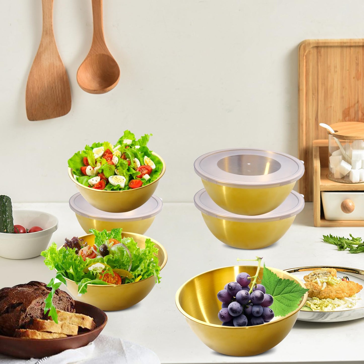 14 Pack 6.69 inches Gold Mixing Bowls with 16 Pcs Airtight Lids Stackable Stainless Steel Soup Bowls Versatile Mixing Bowls Metal Fruit Salad Bowls Round Serving Bowl for Kitchen Cooking Supplies