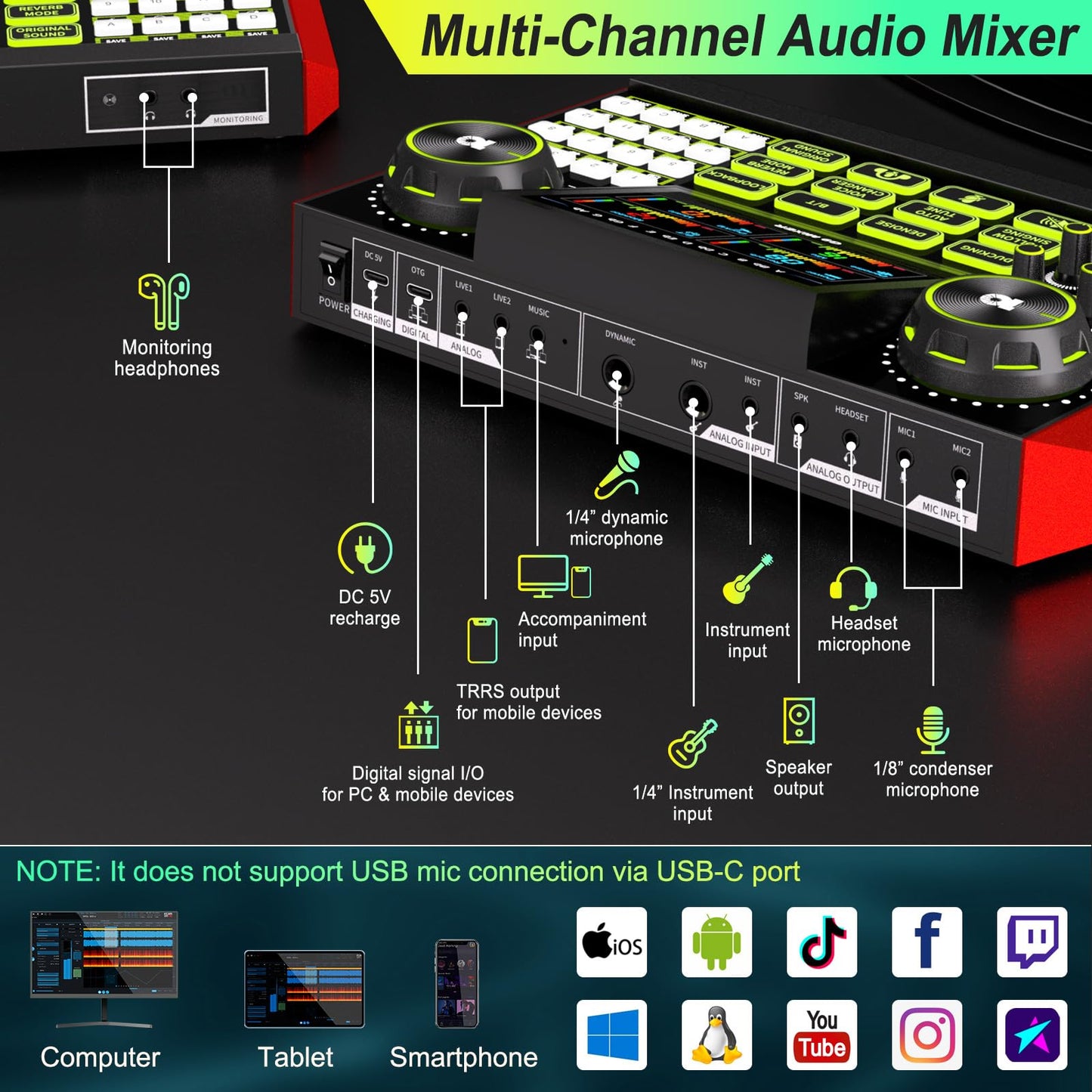 G9 Podcast Equipment Bundle with Audio Mixer for Streaming Singing, 3.5mm Condenser Microphone Kit, Voice Changer, Noise Reduction, Bluetooth, Plug & Play for PC, Phone, TikTok, YouTube