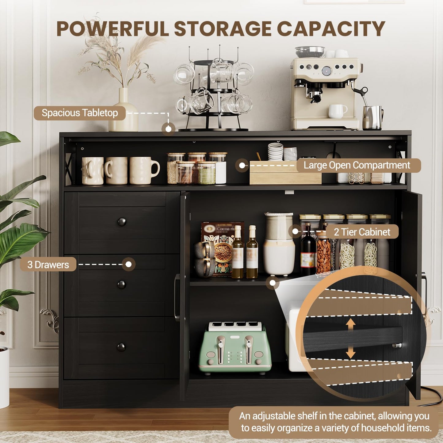 IDEALHOUSE 47" Buffet Cabinet Sideboard, Farmhouse Coffee Bar with Open Shelf, 2 Doors and 3 Drawers, Wood Wine Bar Storage Cabinet with Built-in Charging Station for Dining Room Living Room- Black