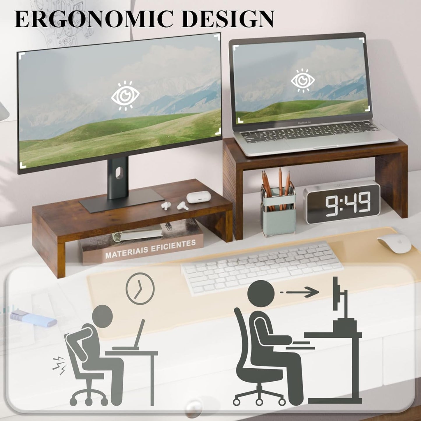 2 Pack 2 2 TEAMIX Monitor Stand Riser Rustic Brown,Wood Tier Adjustable Monitor Stand Dual Monitor Riser