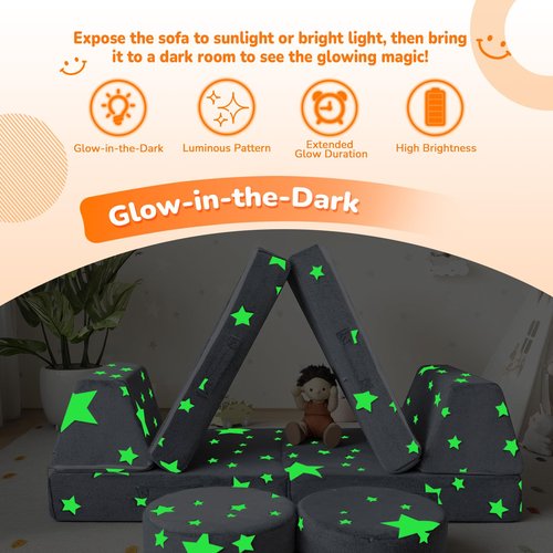 MeMoreCool Kids Play Couch, 8-Piece Modular Toddler Couch with Glow in The Dark Stars – Convertible Fort Builder Kids Sofa, Soft Foam Indoor Climbing Furniture with Washable Covers for Boys and Girls