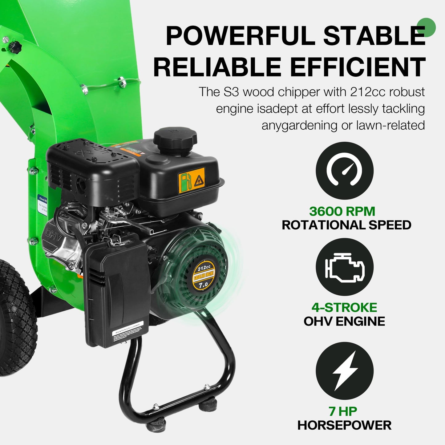 GARDENBEAUT S3 Wood Chipper Shredder, 7HP 212cc Gas Powered Heavy Duty, 3" Max Wood Diameter Capacity, 15: 1 Reduction Ratio, Easy Assembly, 1-Year Warranty After Product Registration