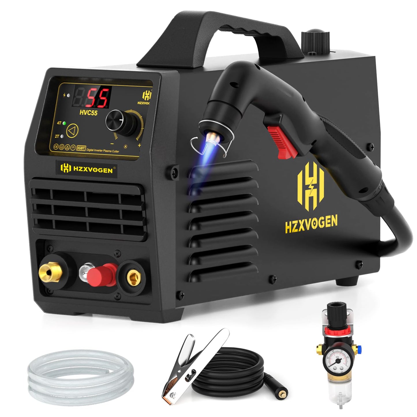 H HZXVOGEN Plasma Cutter 55A Non Touch Pilot Arc Plasma Cutters 110/220V Dual Voltage, Digital Display DC IGBT Inverter HF Air Plasma Cutting Machine, 1/2" Clean Cut 4/5" Max Cutting & 2T/4T(HVC55)